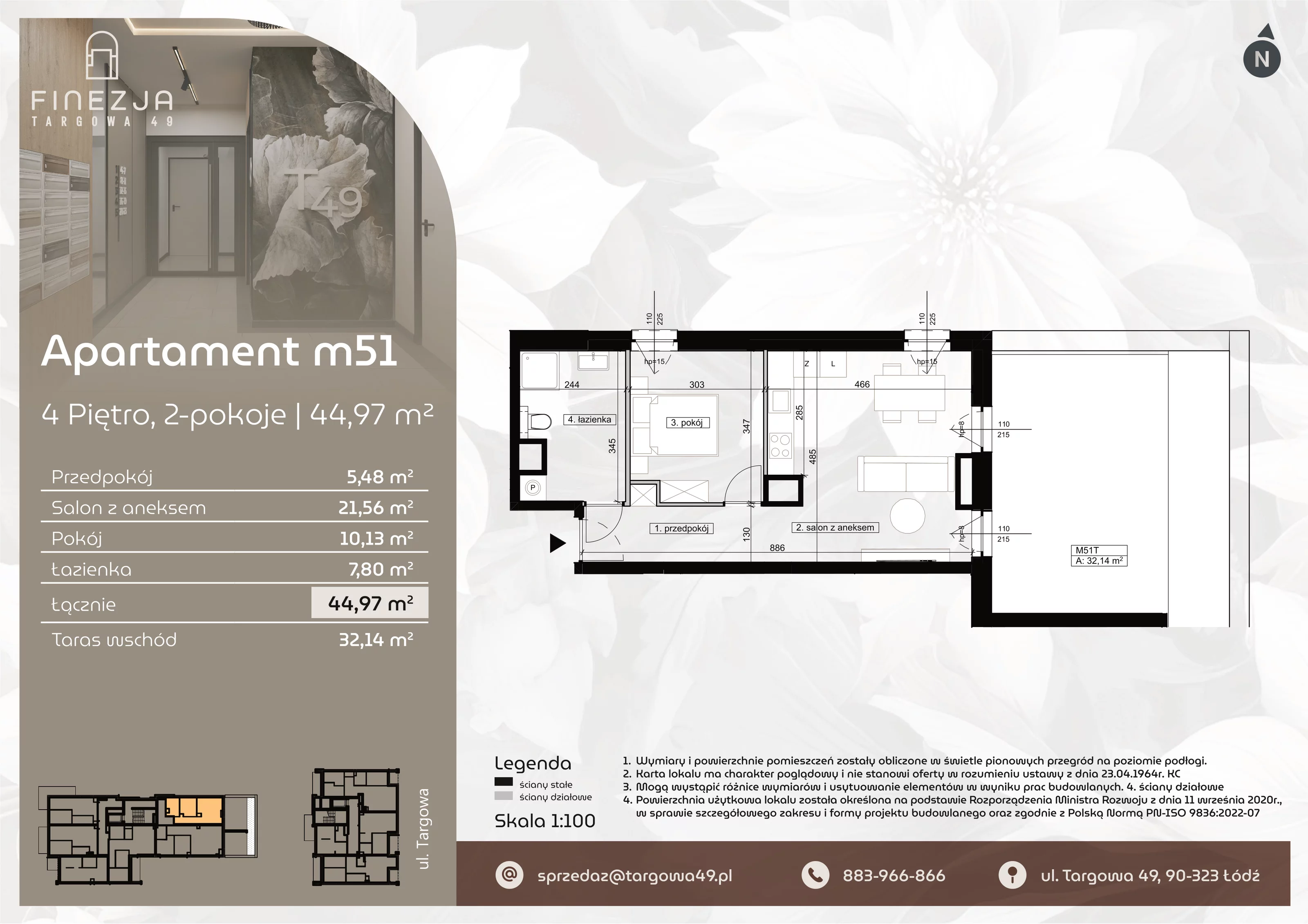 2 pokoje, mieszkanie 44,97 m², piętro 4, oferta nr M51, Apartamenty Finezja, Łódź, Widzew, Stary Widzew, ul. Targowa 49