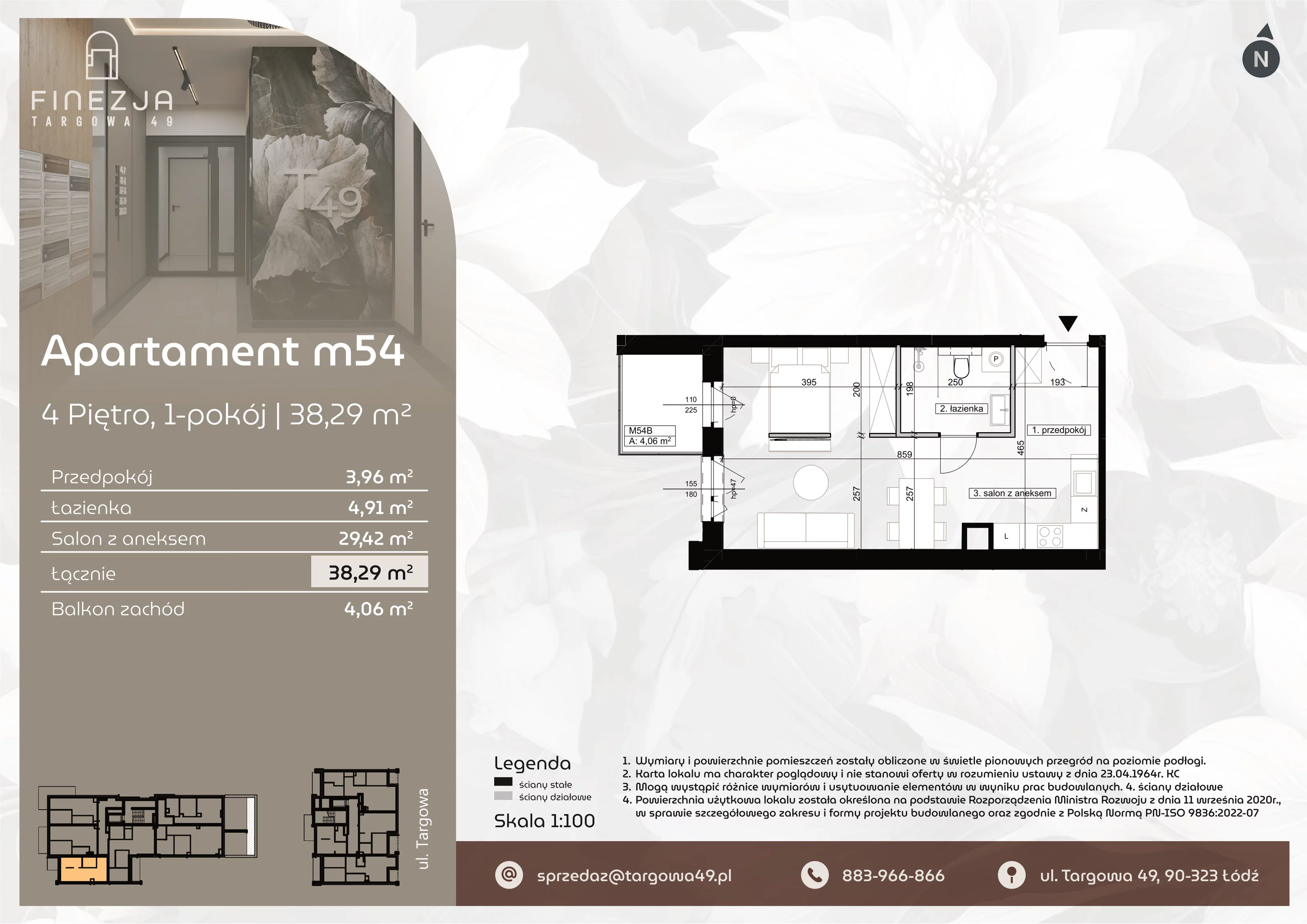 1 pokój, mieszkanie 38,29 m², piętro 4, oferta nr M54, Apartamenty Finezja, Łódź, Widzew, Stary Widzew, ul. Targowa 49