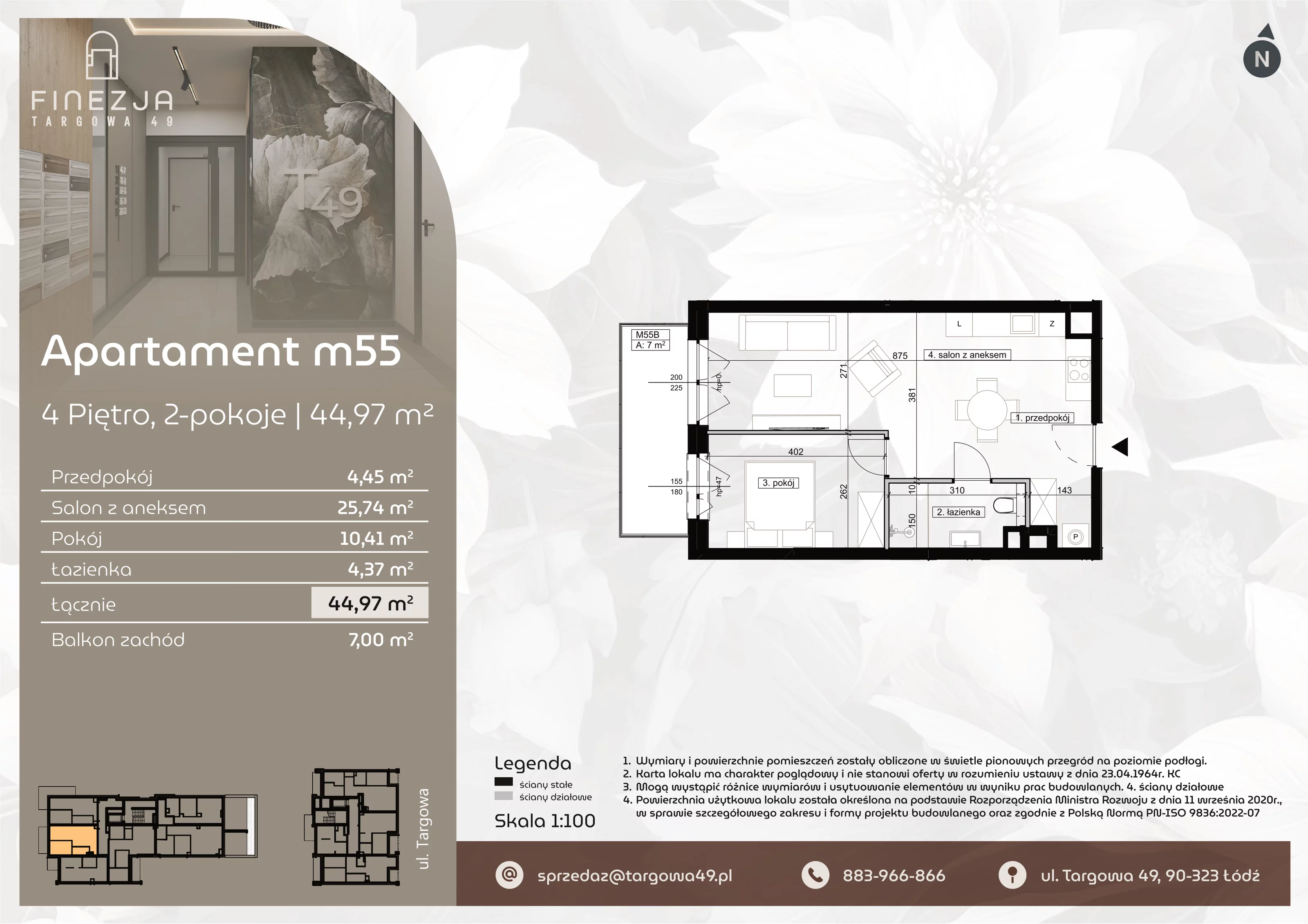 2 pokoje, mieszkanie 44,97 m², piętro 4, oferta nr M55, Apartamenty Finezja, Łódź, Widzew, Stary Widzew, ul. Targowa 49