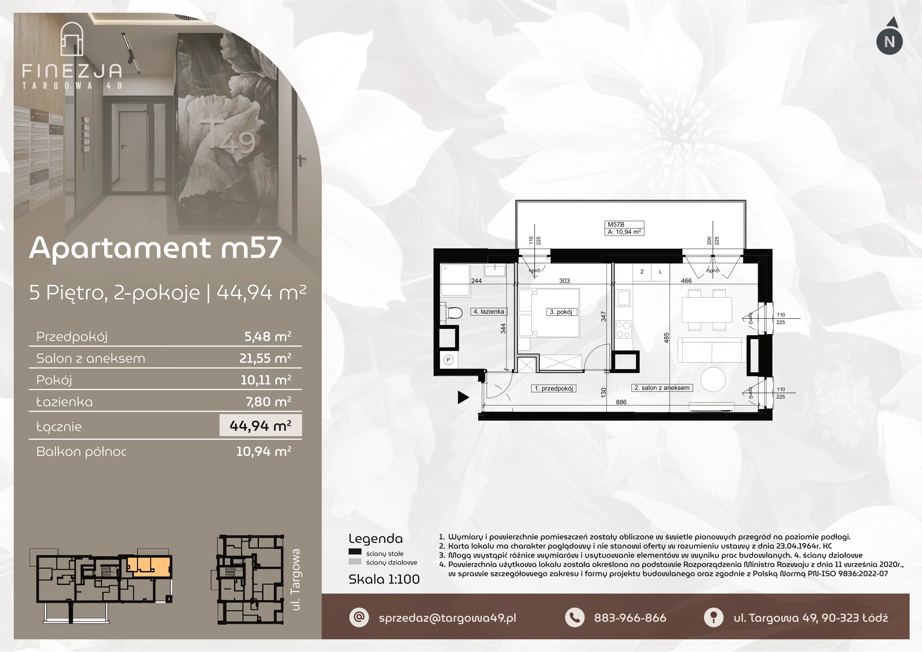 2 pokoje, mieszkanie 44,94 m², piętro 5, oferta nr M57, Apartamenty Finezja, Łódź, Widzew, Stary Widzew, ul. Targowa 49