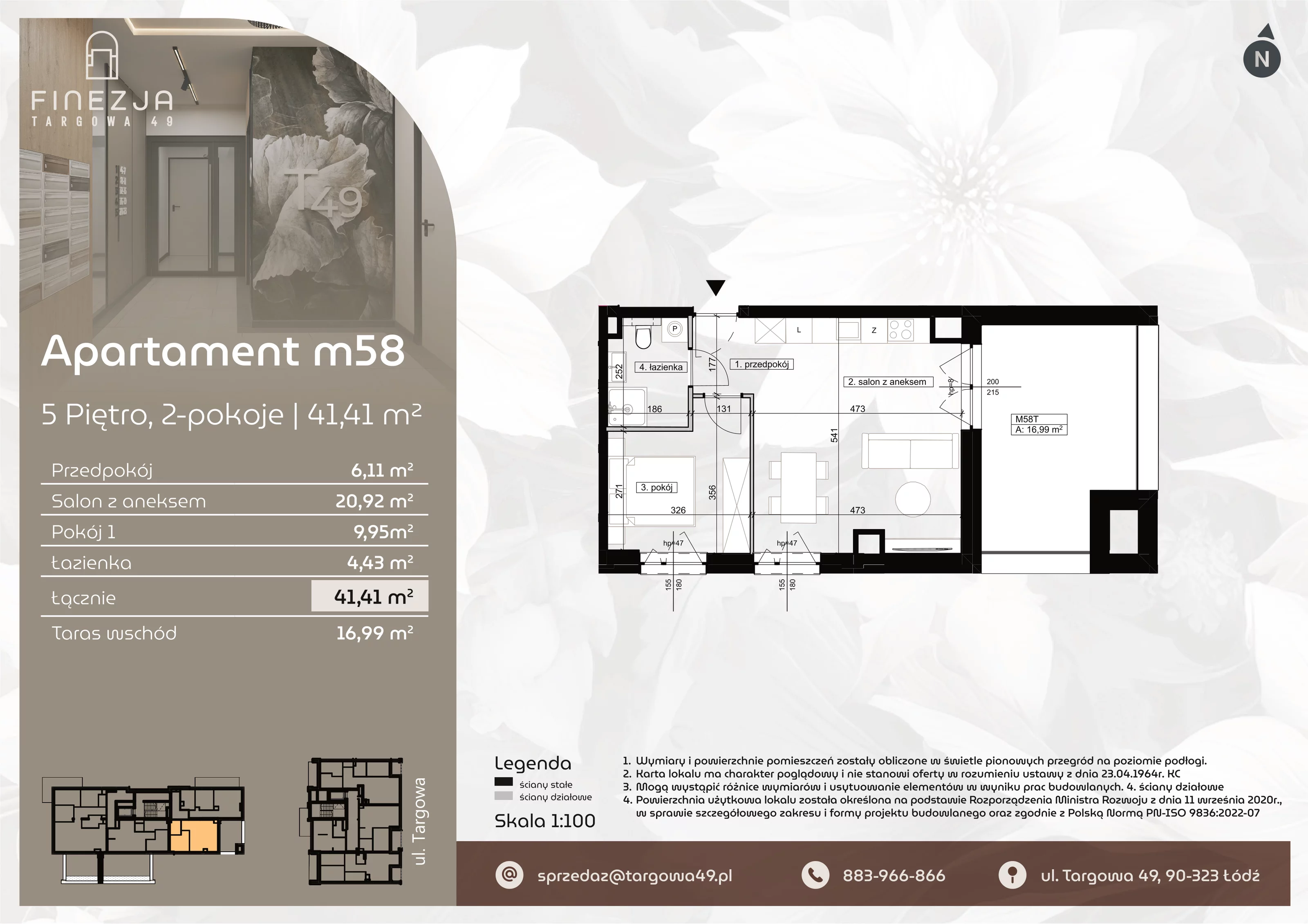 2 pokoje, mieszkanie 41,41 m², piętro 5, oferta nr M58, Apartamenty Finezja, Łódź, Widzew, Stary Widzew, ul. Targowa 49
