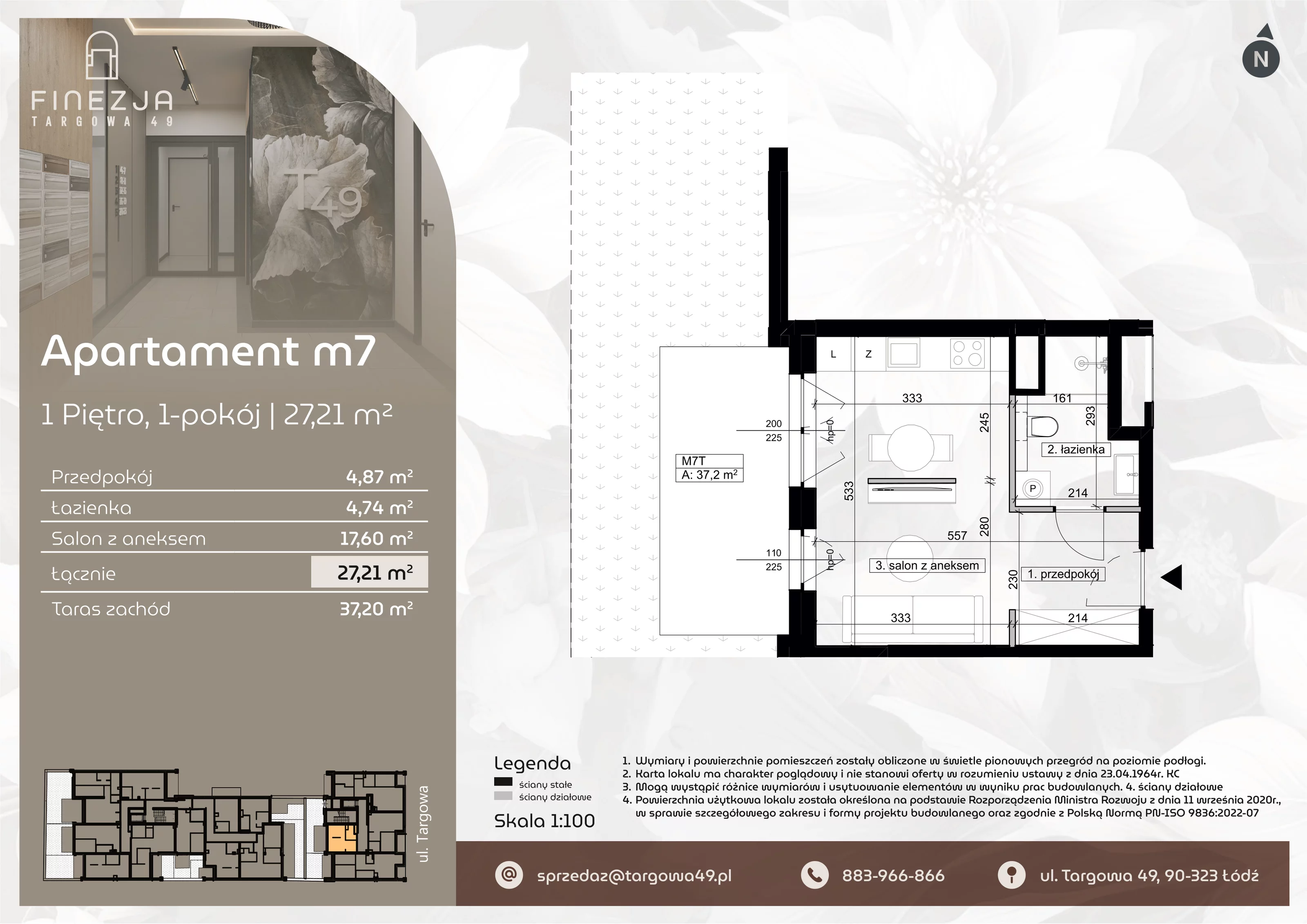 1 pokój, mieszkanie 27,21 m², piętro 1, oferta nr M7, Apartamenty Finezja, Łódź, Widzew, Stary Widzew, ul. Targowa 49