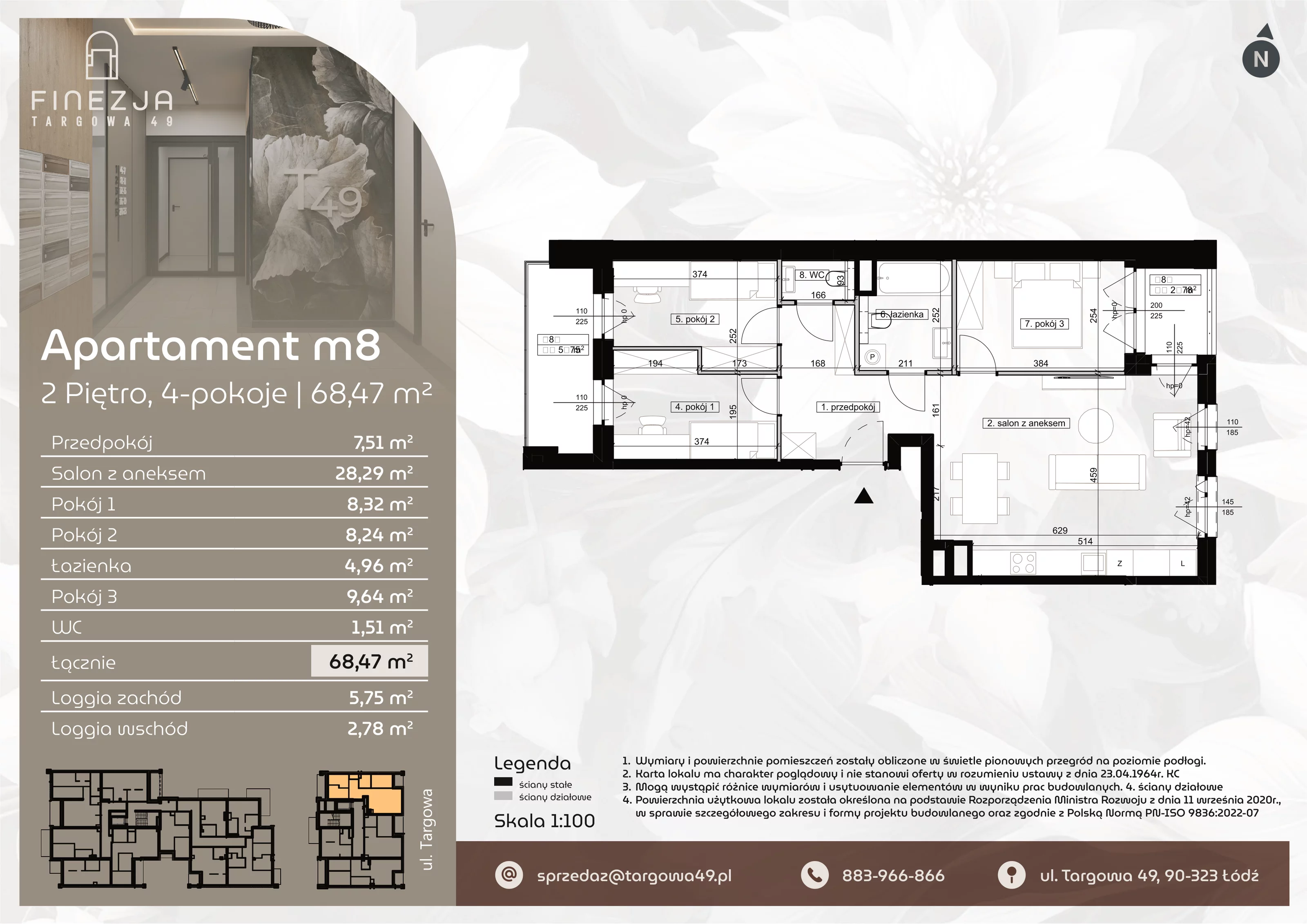 4 pokoje, mieszkanie 68,47 m², piętro 2, oferta nr M8, Apartamenty Finezja, Łódź, Widzew, Stary Widzew, ul. Targowa 49