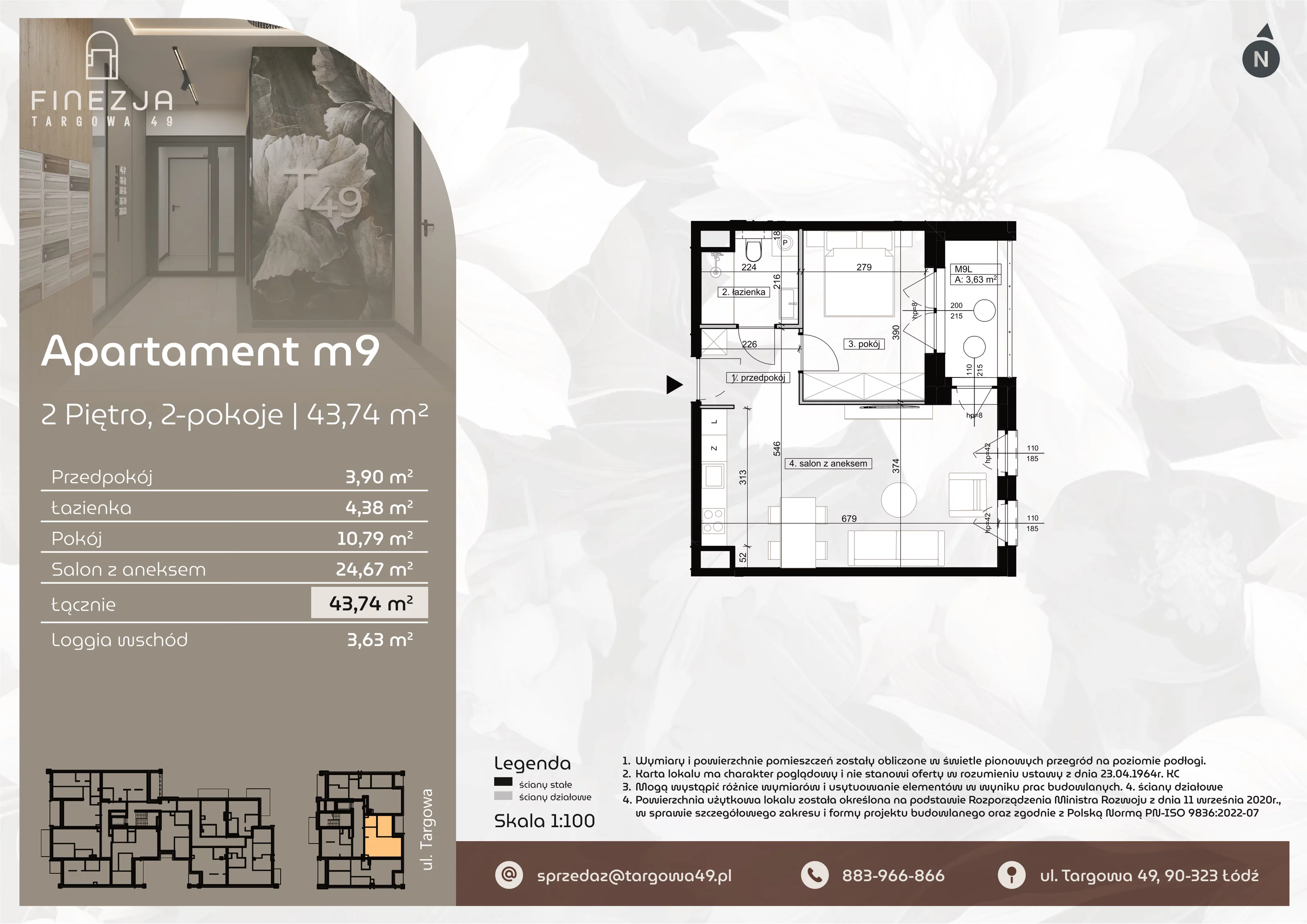 2 pokoje, mieszkanie 43,74 m², piętro 2, oferta nr M9, Apartamenty Finezja, Łódź, Widzew, Stary Widzew, ul. Targowa 49