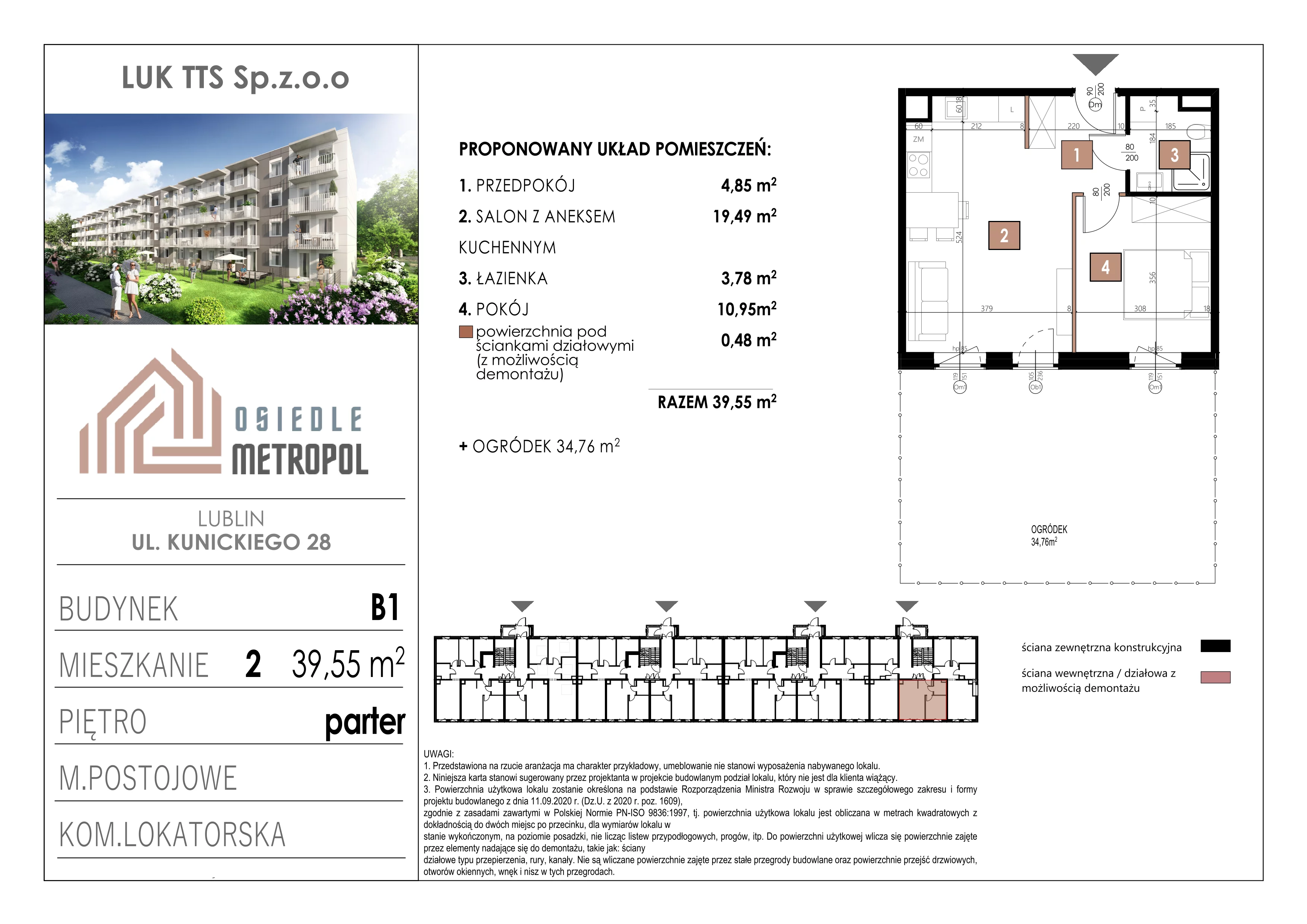 2 pokoje, mieszkanie 39,55 m², parter, oferta nr 2, Osiedle Metropol, Lublin, Dziesiąta, ul. Kunickiego 28