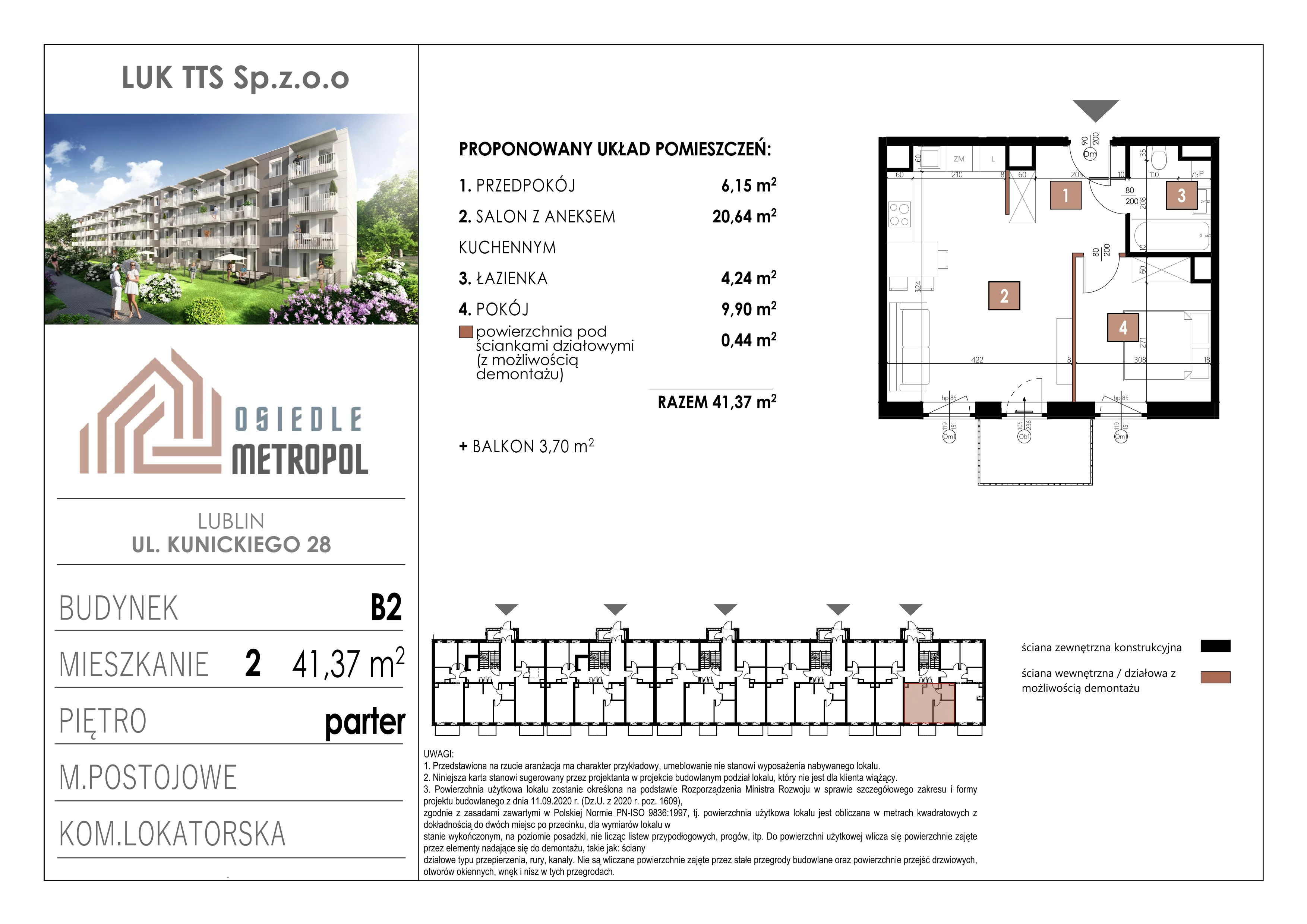 2 pokoje, mieszkanie 41,37 m², parter, oferta nr 2, Osiedle Metropol, Lublin, Dziesiąta, ul. Kunickiego 28