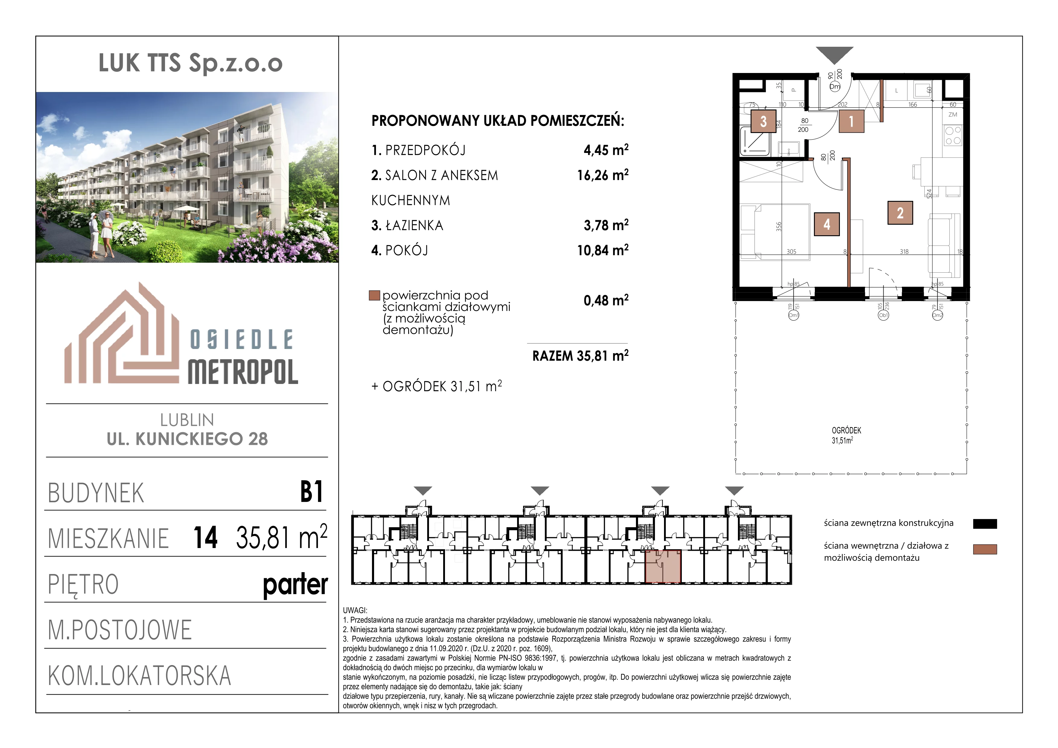 2 pokoje, mieszkanie 35,81 m², parter, oferta nr 14, Osiedle Metropol, Lublin, Dziesiąta, ul. Kunickiego 28