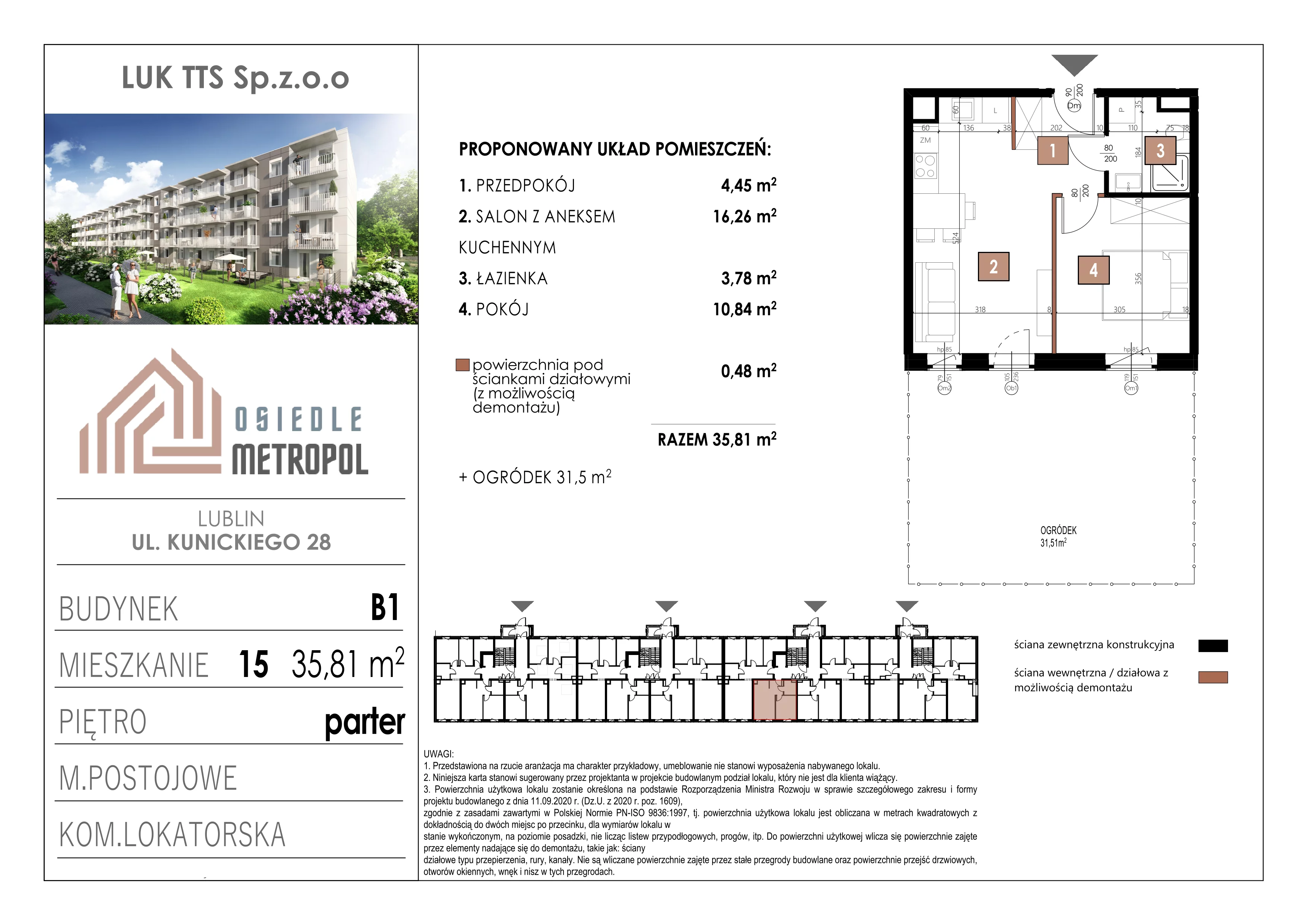 2 pokoje, mieszkanie 35,81 m², parter, oferta nr 15, Osiedle Metropol, Lublin, Dziesiąta, ul. Kunickiego 28