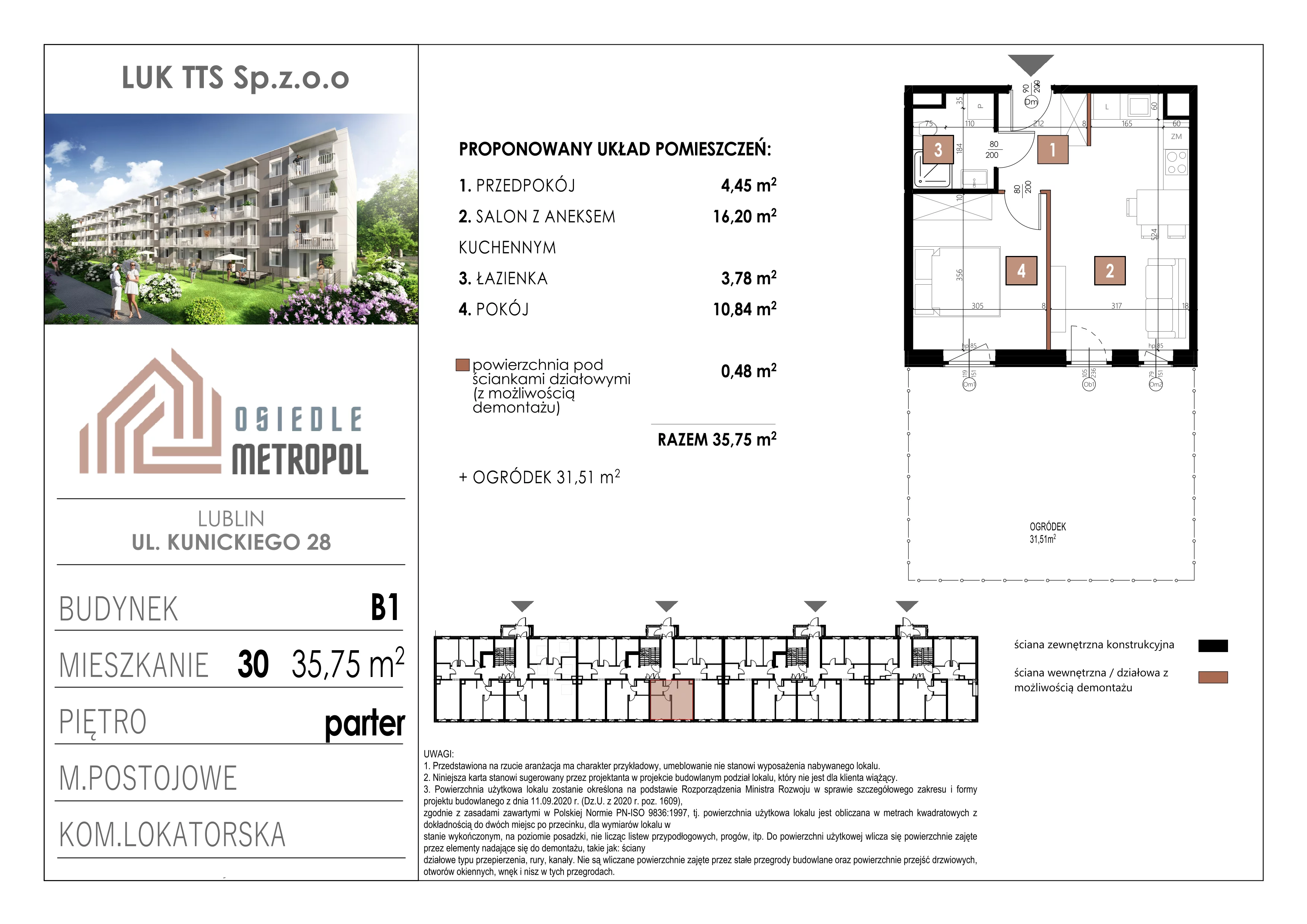 2 pokoje, mieszkanie 35,75 m², parter, oferta nr 30, Osiedle Metropol, Lublin, Dziesiąta, ul. Kunickiego 28