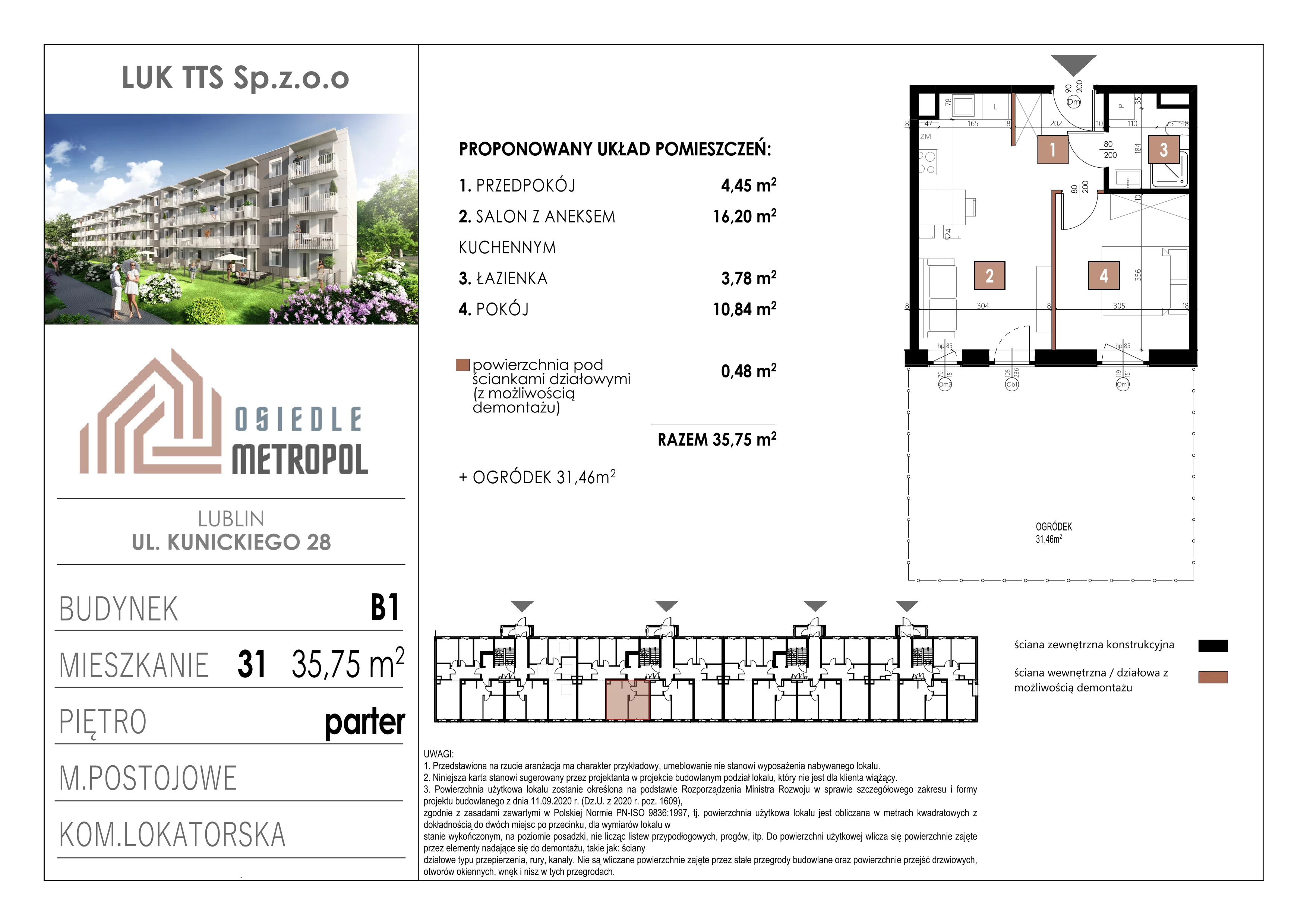 2 pokoje, mieszkanie 35,75 m², parter, oferta nr 31, Osiedle Metropol, Lublin, Dziesiąta, ul. Kunickiego 28