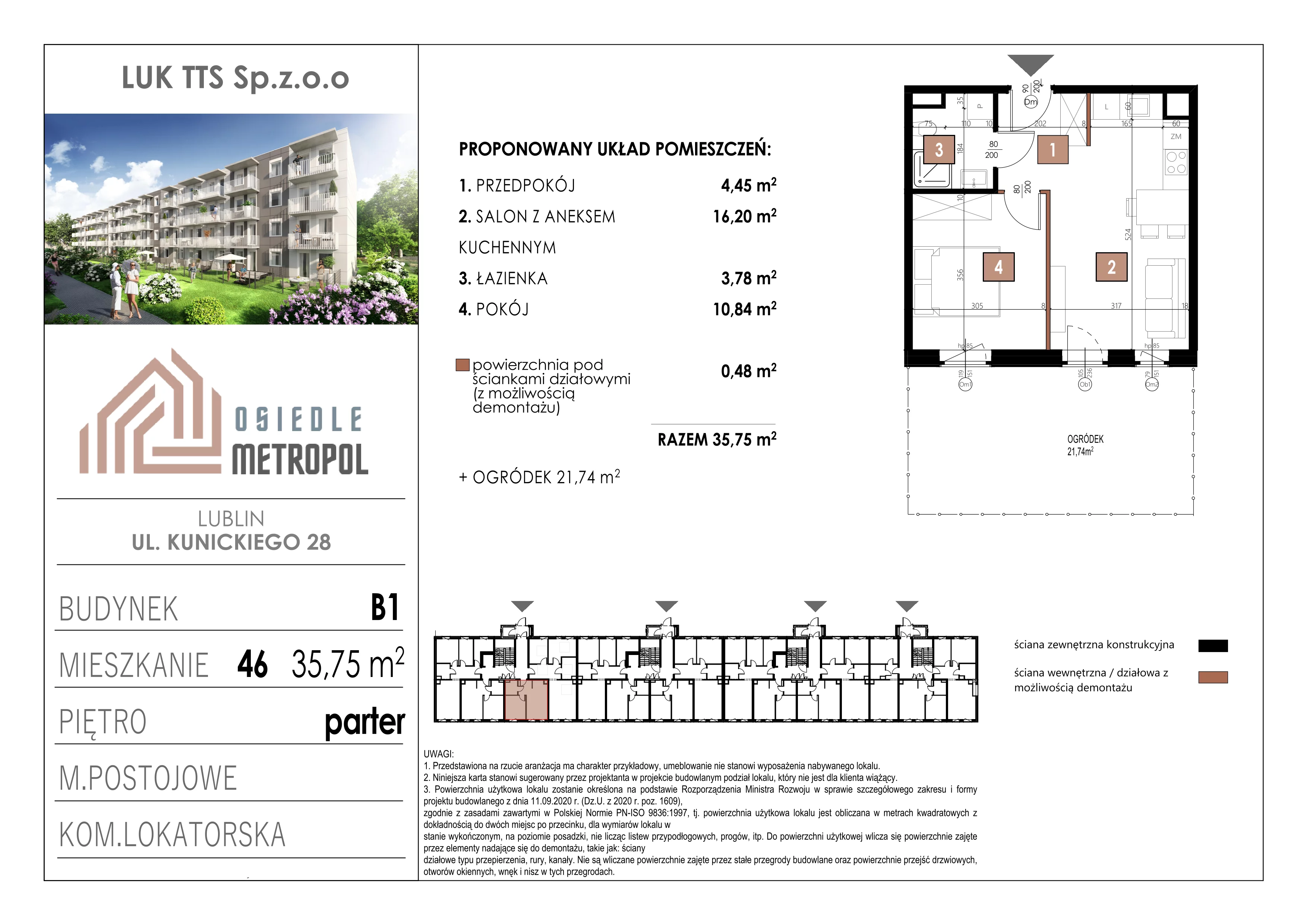 2 pokoje, mieszkanie 35,75 m², parter, oferta nr 46, Osiedle Metropol, Lublin, Dziesiąta, ul. Kunickiego 28