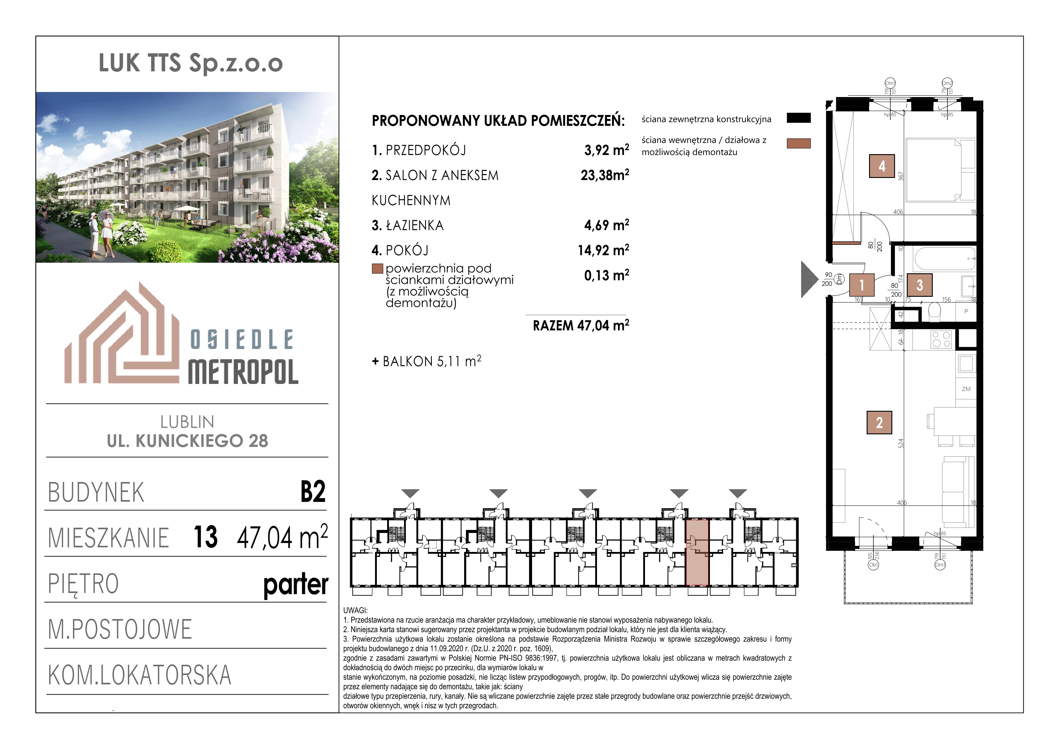 2 pokoje, mieszkanie 47,04 m², parter, oferta nr 13, Osiedle Metropol, Lublin, Dziesiąta, ul. Kunickiego 28