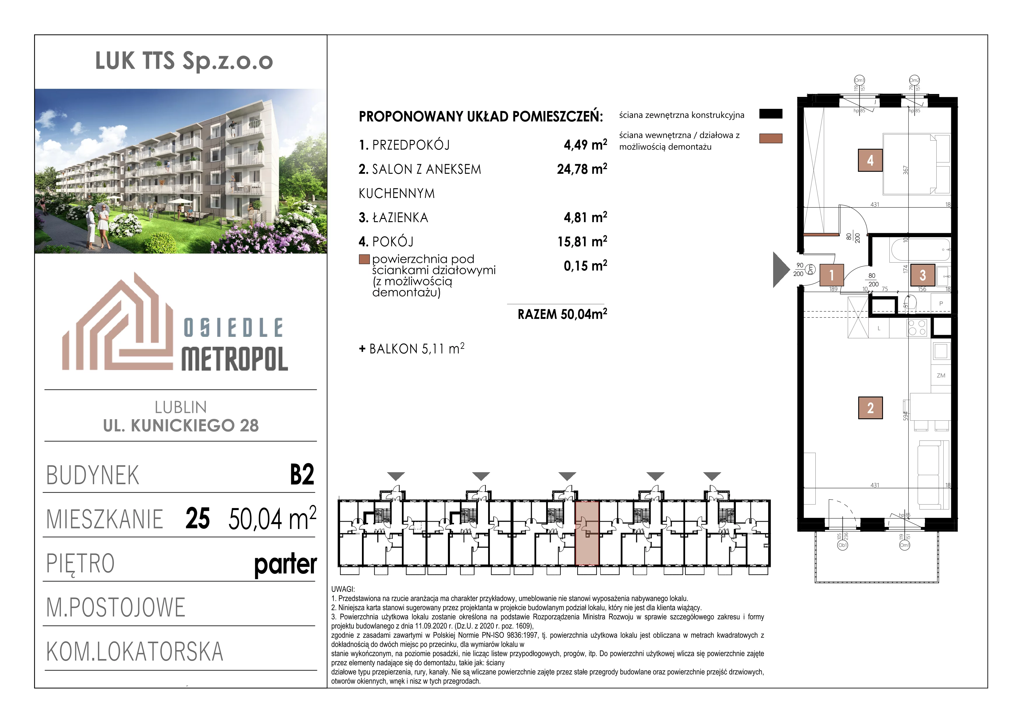 2 pokoje, mieszkanie 50,04 m², parter, oferta nr 25, Osiedle Metropol, Lublin, Dziesiąta, ul. Kunickiego 28
