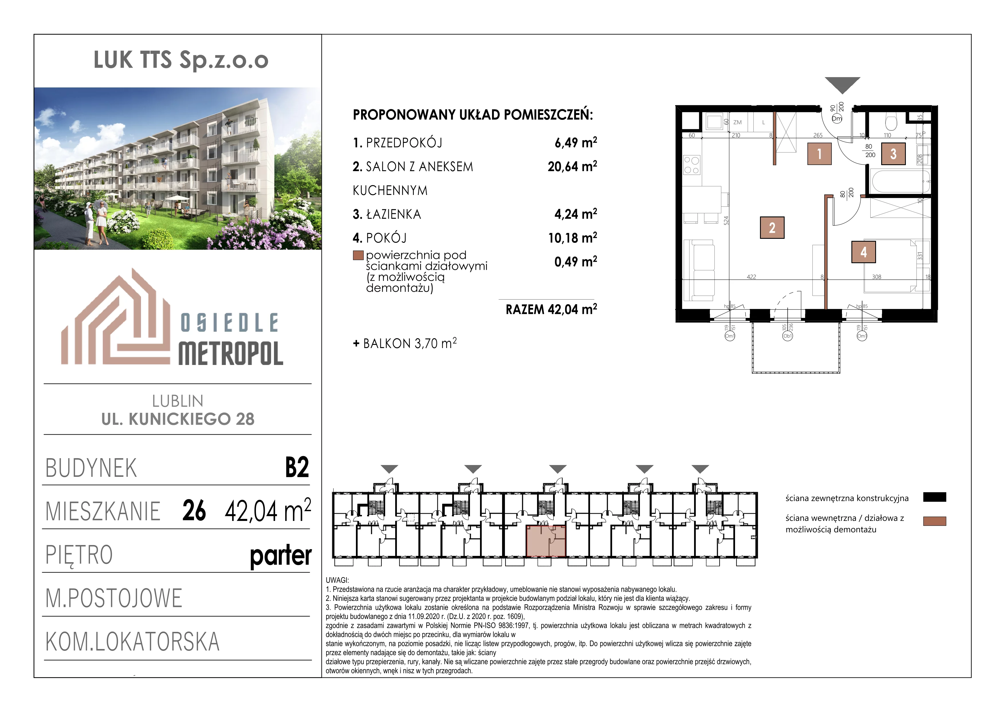 2 pokoje, mieszkanie 42,04 m², parter, oferta nr 26, Osiedle Metropol, Lublin, Dziesiąta, ul. Kunickiego 28