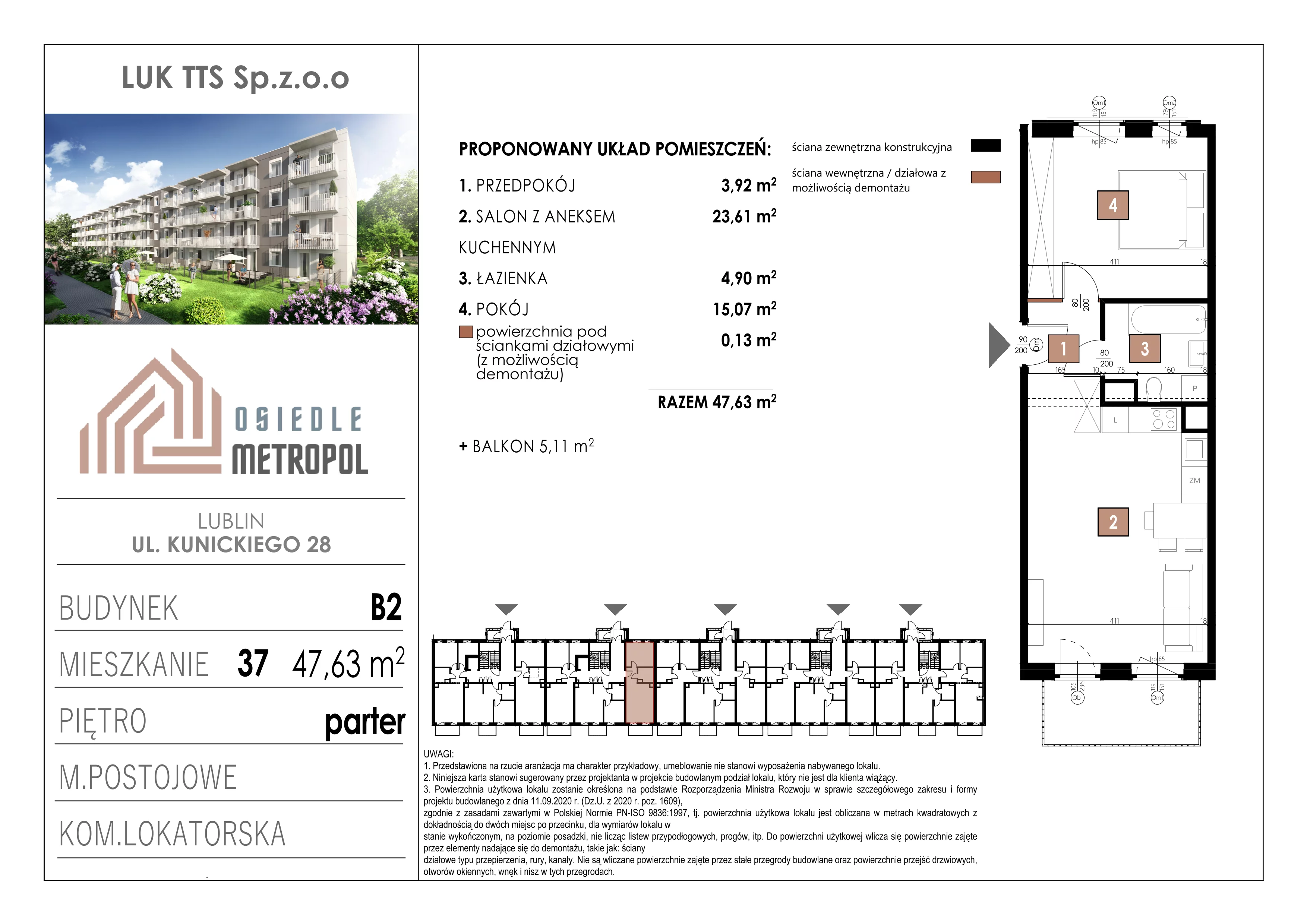 2 pokoje, mieszkanie 47,63 m², parter, oferta nr 37, Osiedle Metropol, Lublin, Dziesiąta, ul. Kunickiego 28