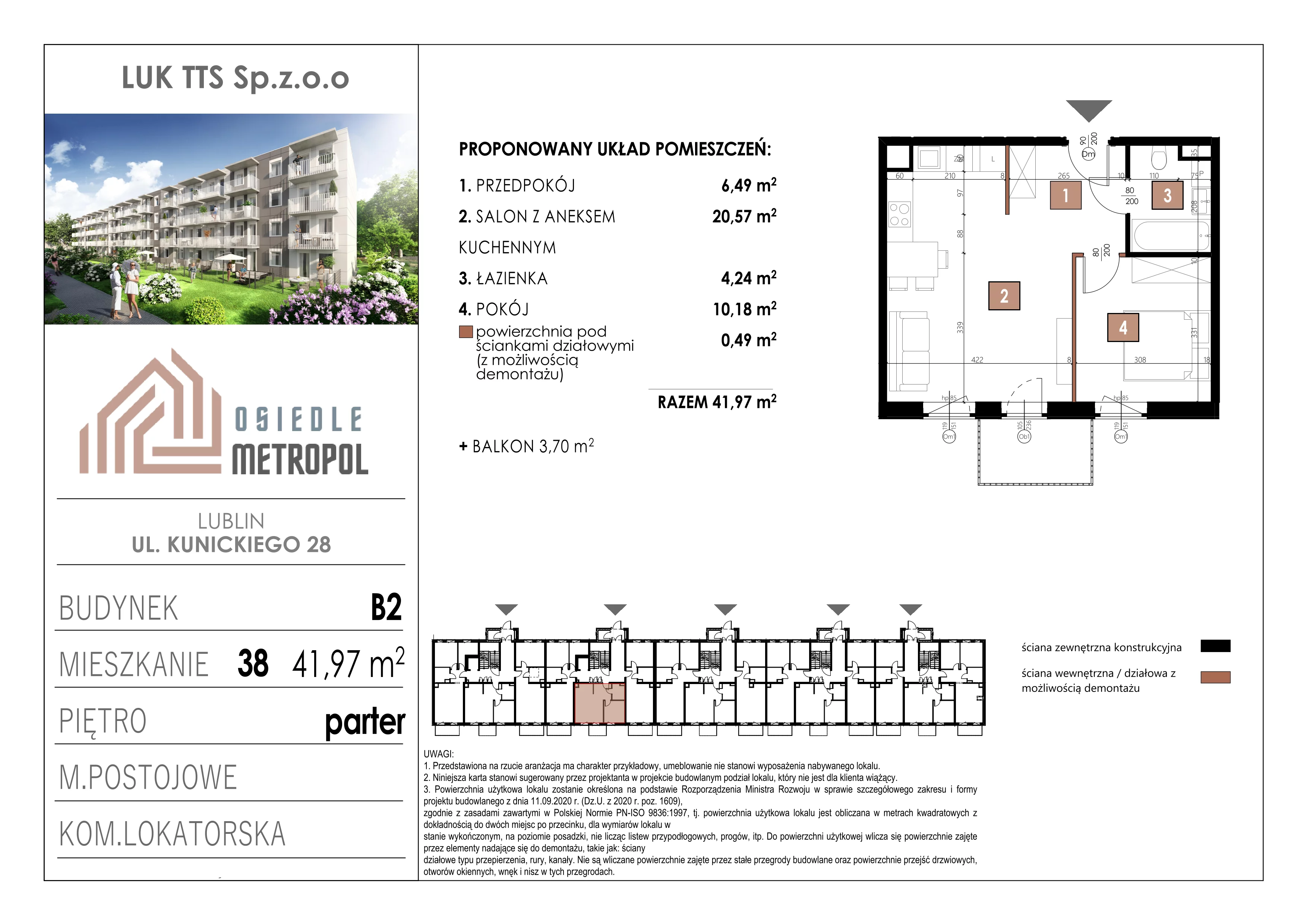 2 pokoje, mieszkanie 41,97 m², parter, oferta nr 38, Osiedle Metropol, Lublin, Dziesiąta, ul. Kunickiego 28