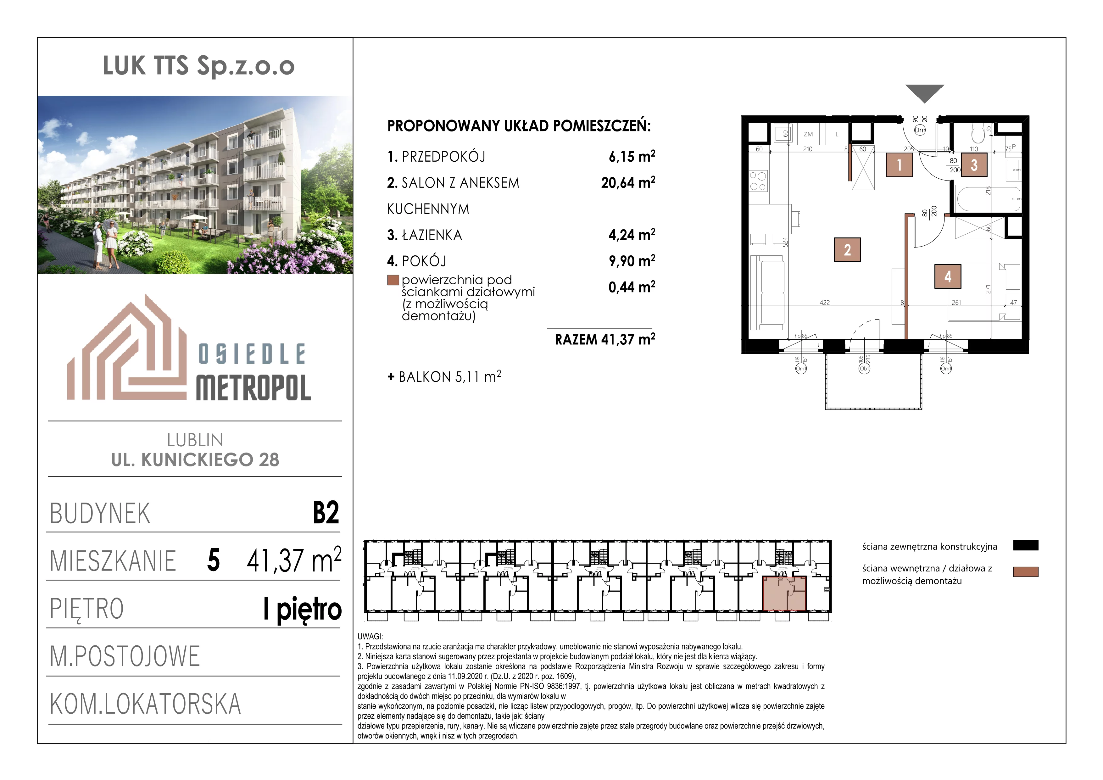 2 pokoje, mieszkanie 41,37 m², piętro 1, oferta nr 5, Osiedle Metropol, Lublin, Dziesiąta, ul. Kunickiego 28