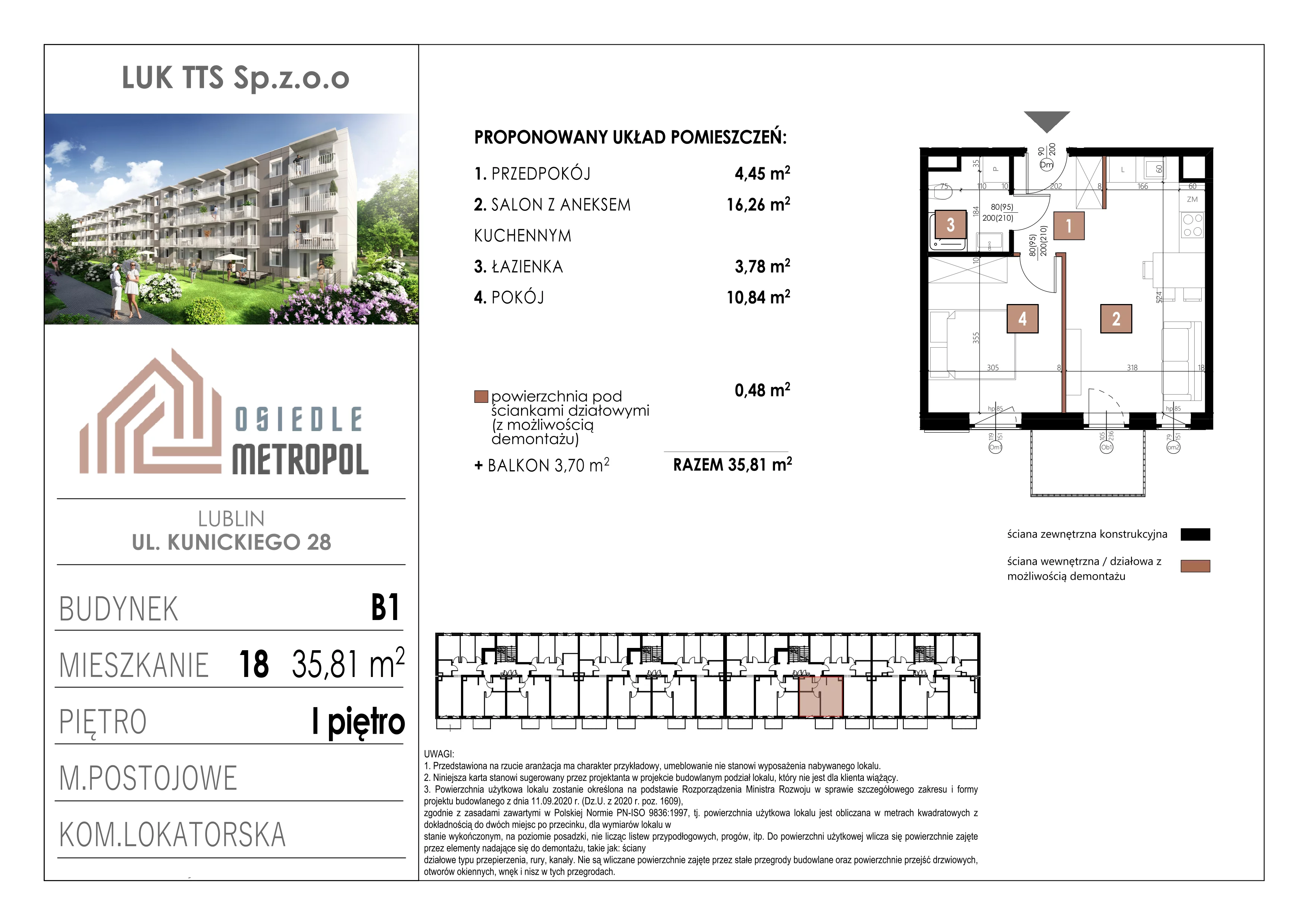 2 pokoje, mieszkanie 35,81 m², piętro 1, oferta nr 18, Osiedle Metropol, Lublin, Dziesiąta, ul. Kunickiego 28