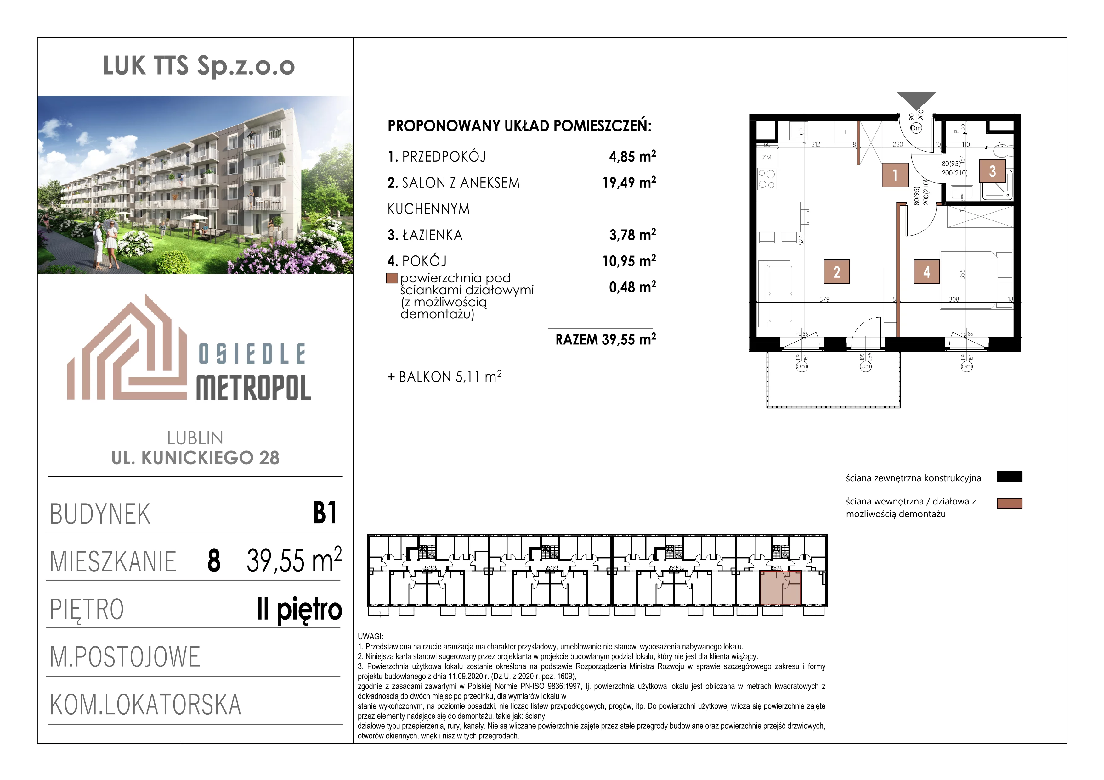 2 pokoje, mieszkanie 39,55 m², piętro 2, oferta nr 8, Osiedle Metropol, Lublin, Dziesiąta, ul. Kunickiego 28