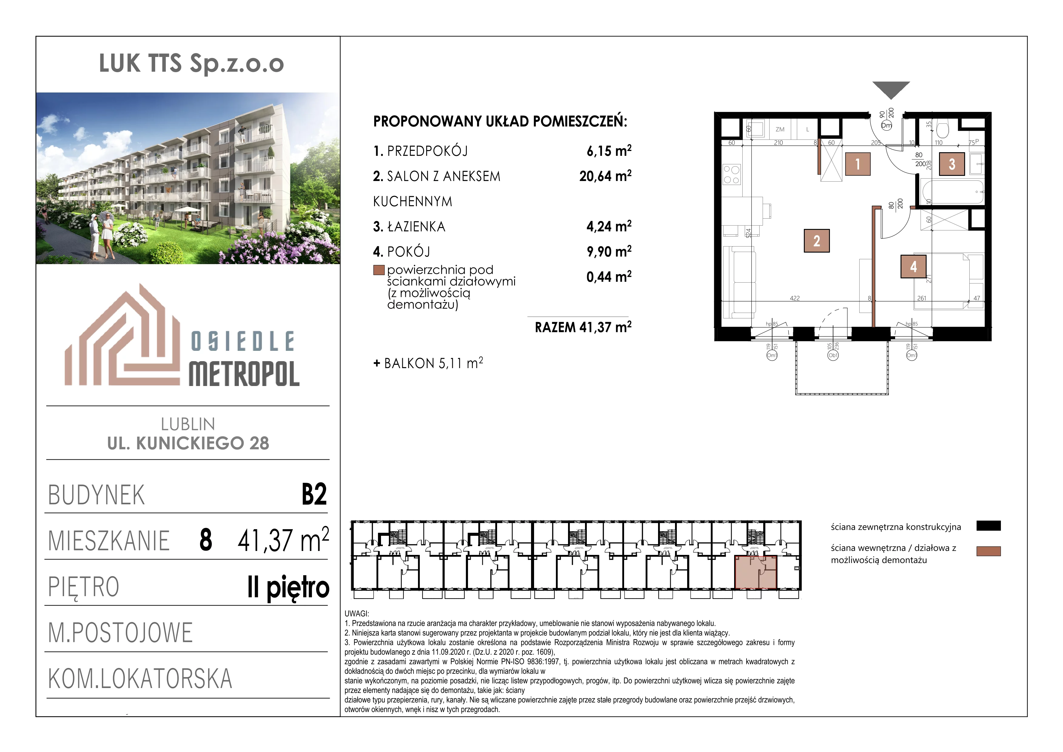 2 pokoje, mieszkanie 41,37 m², piętro 2, oferta nr 8, Osiedle Metropol, Lublin, Dziesiąta, ul. Kunickiego 28