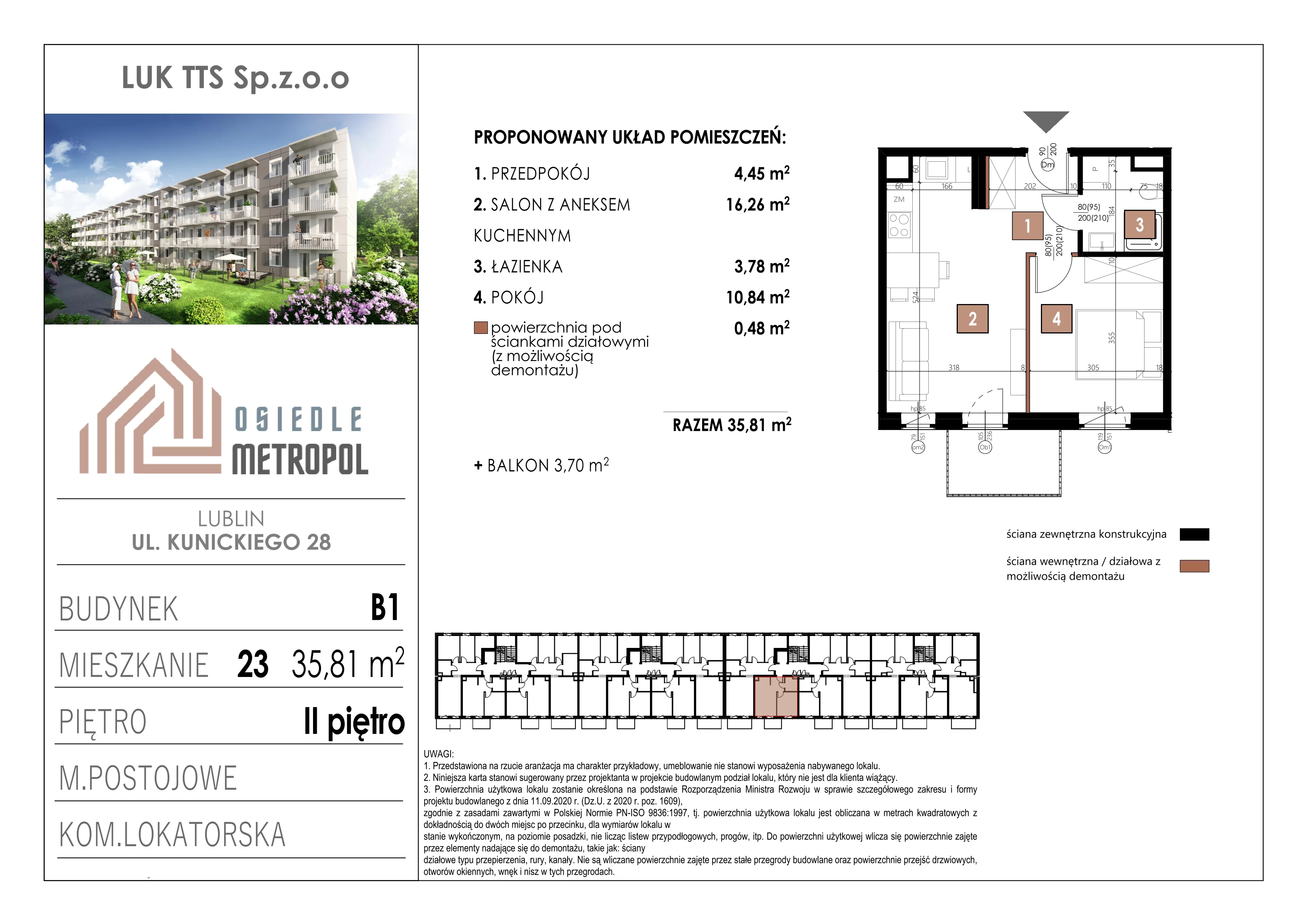 2 pokoje, mieszkanie 35,81 m², piętro 2, oferta nr 23, Osiedle Metropol, Lublin, Dziesiąta, ul. Kunickiego 28