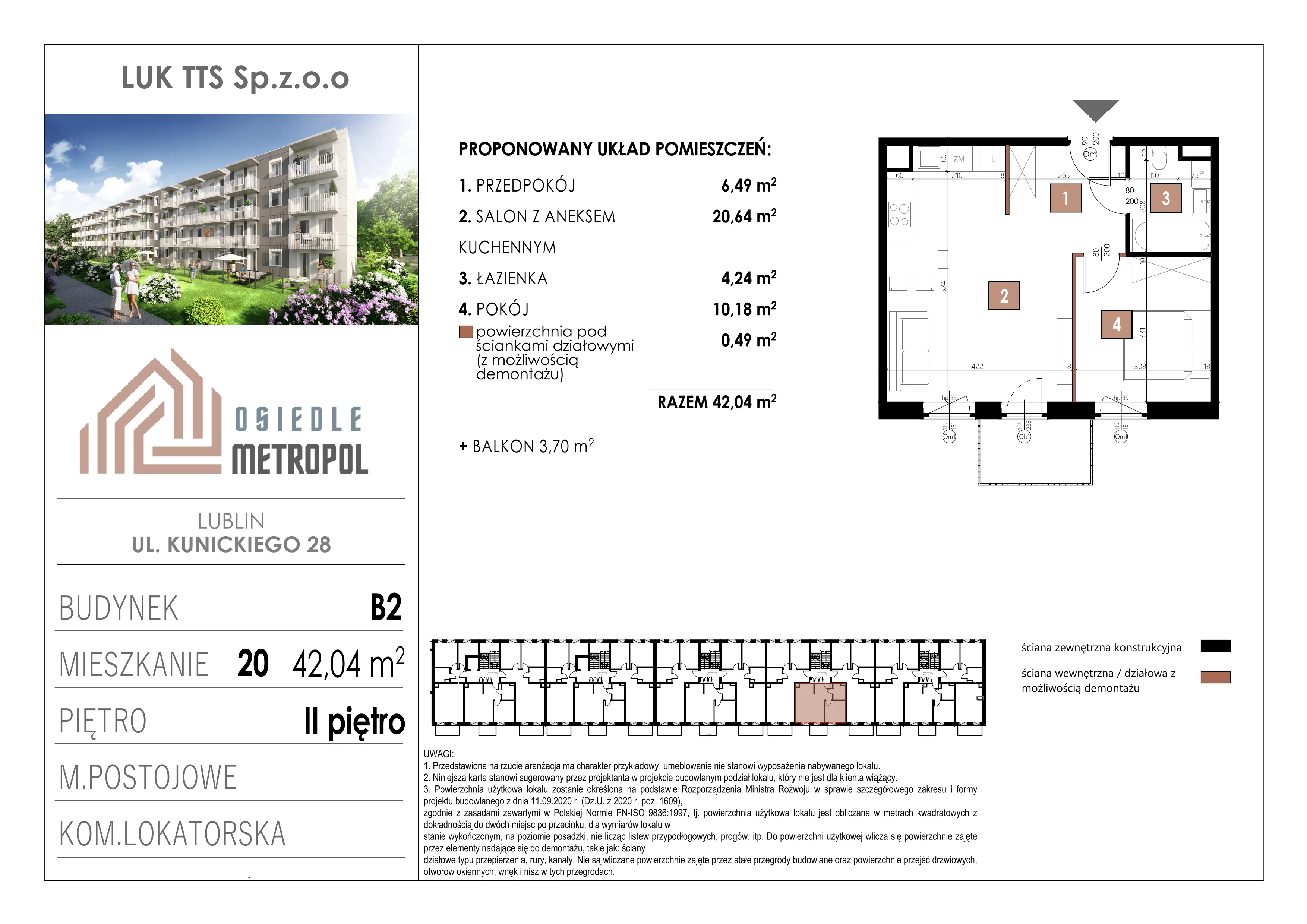 2 pokoje, mieszkanie 42,04 m², piętro 2, oferta nr 20, Osiedle Metropol, Lublin, Dziesiąta, ul. Kunickiego 28