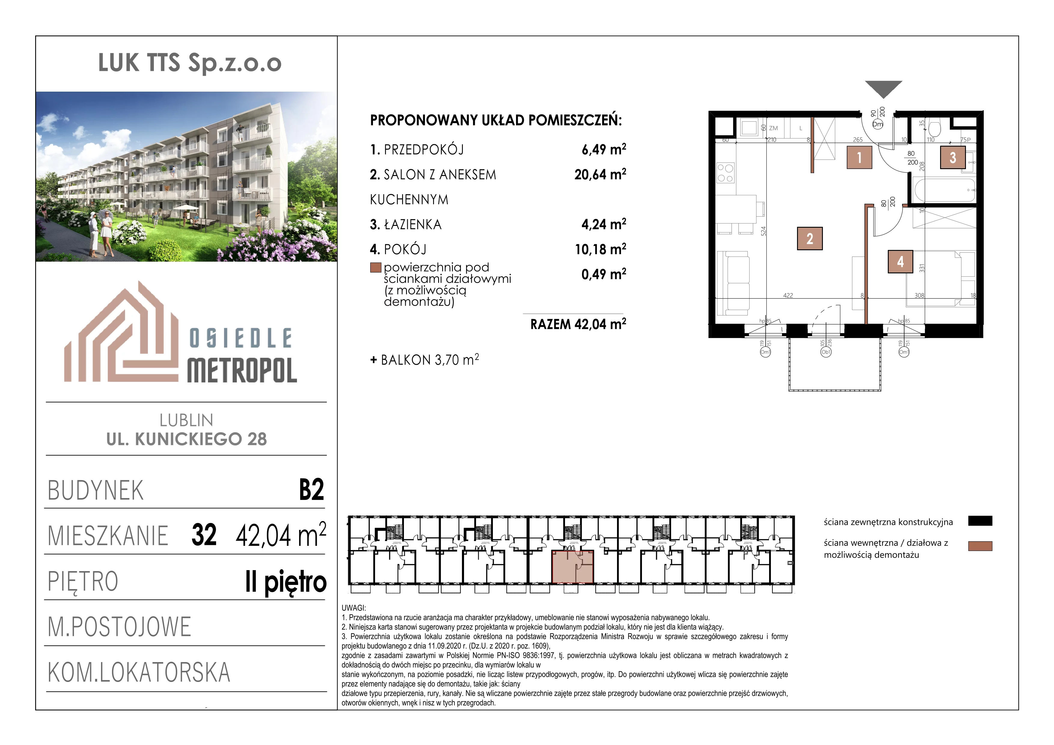 2 pokoje, mieszkanie 42,04 m², piętro 2, oferta nr 32, Osiedle Metropol, Lublin, Dziesiąta, ul. Kunickiego 28