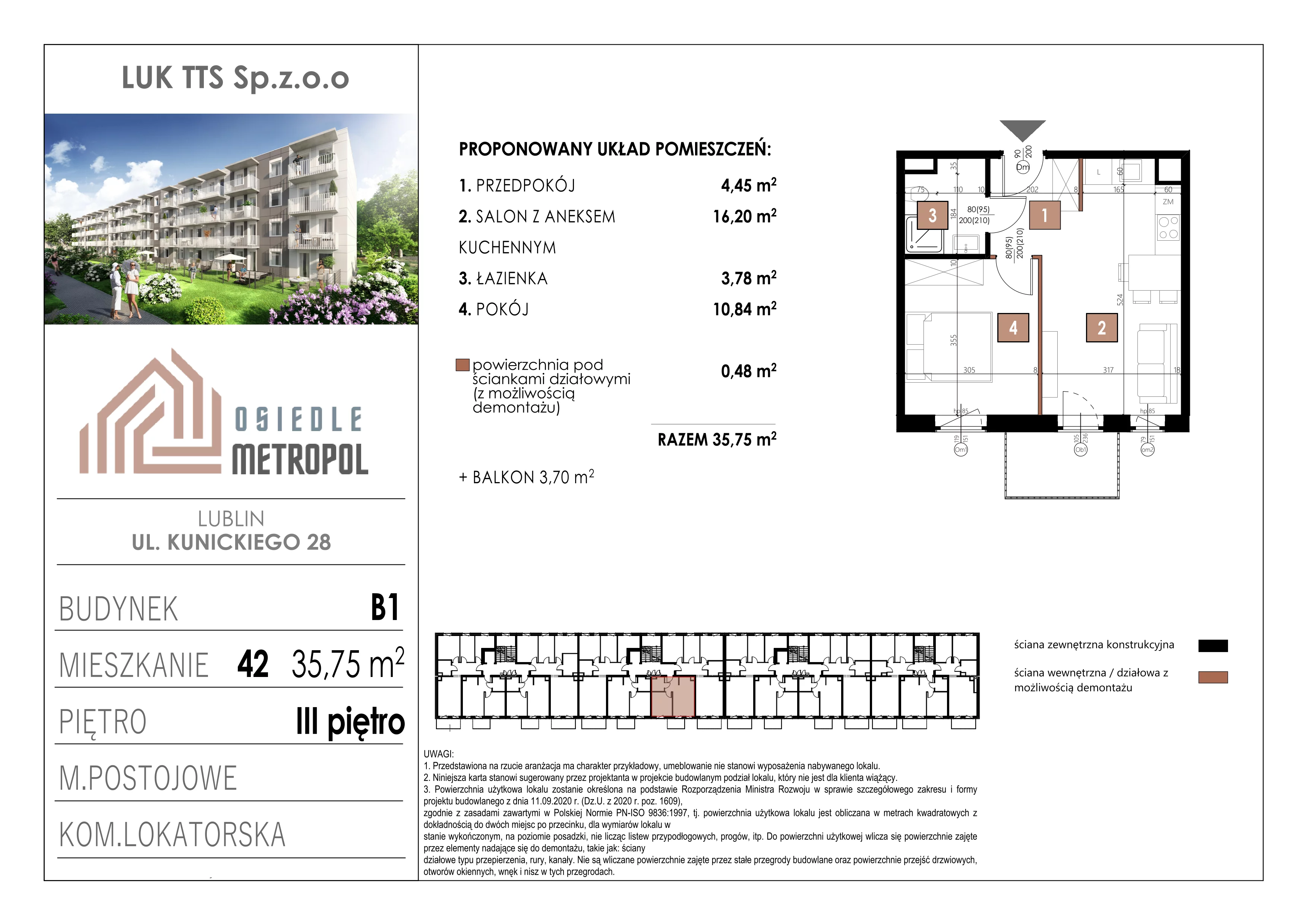 2 pokoje, mieszkanie 35,75 m², piętro 3, oferta nr 42, Osiedle Metropol, Lublin, Dziesiąta, ul. Kunickiego 28