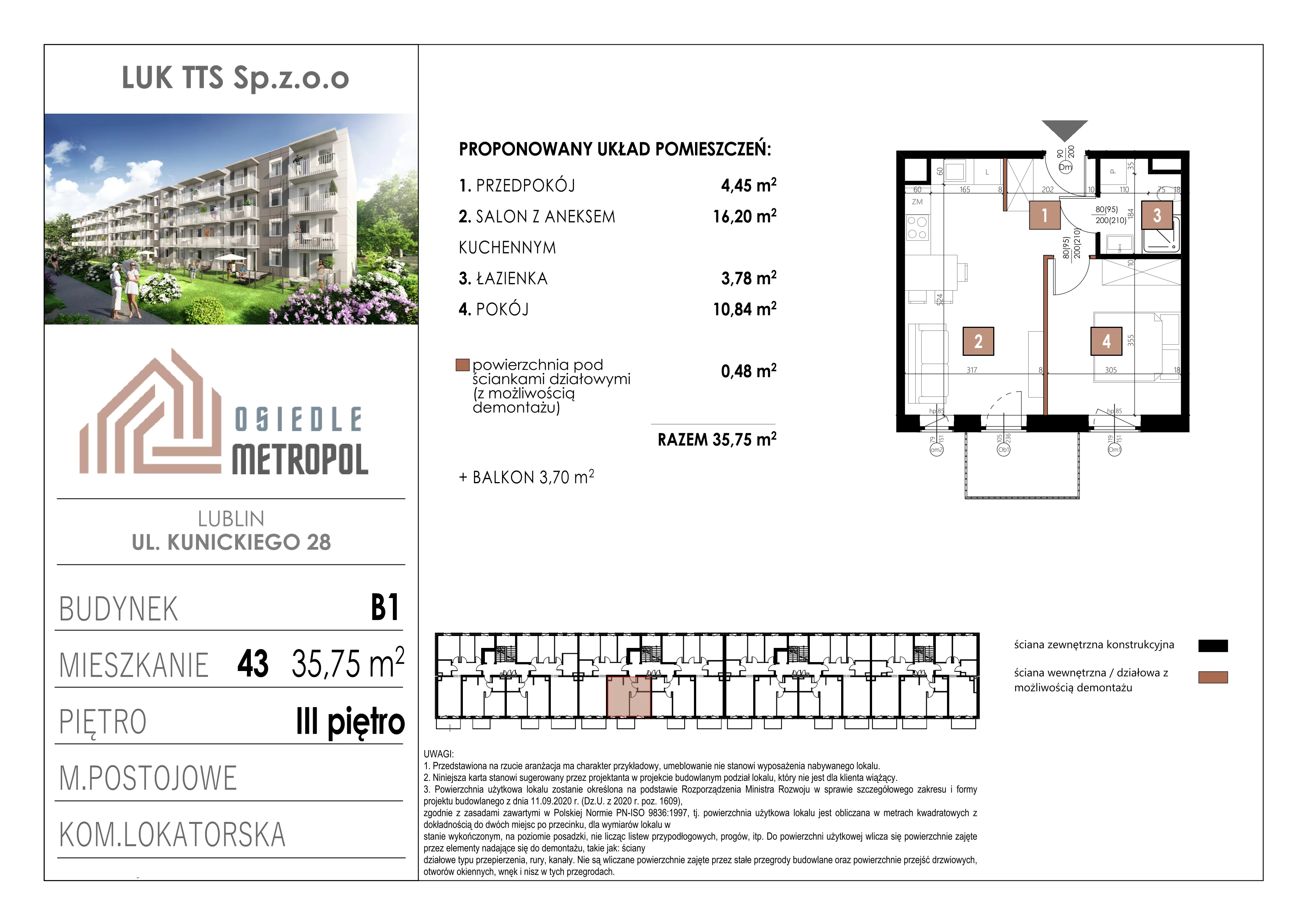 2 pokoje, mieszkanie 35,75 m², piętro 3, oferta nr 43, Osiedle Metropol, Lublin, Dziesiąta, ul. Kunickiego 28