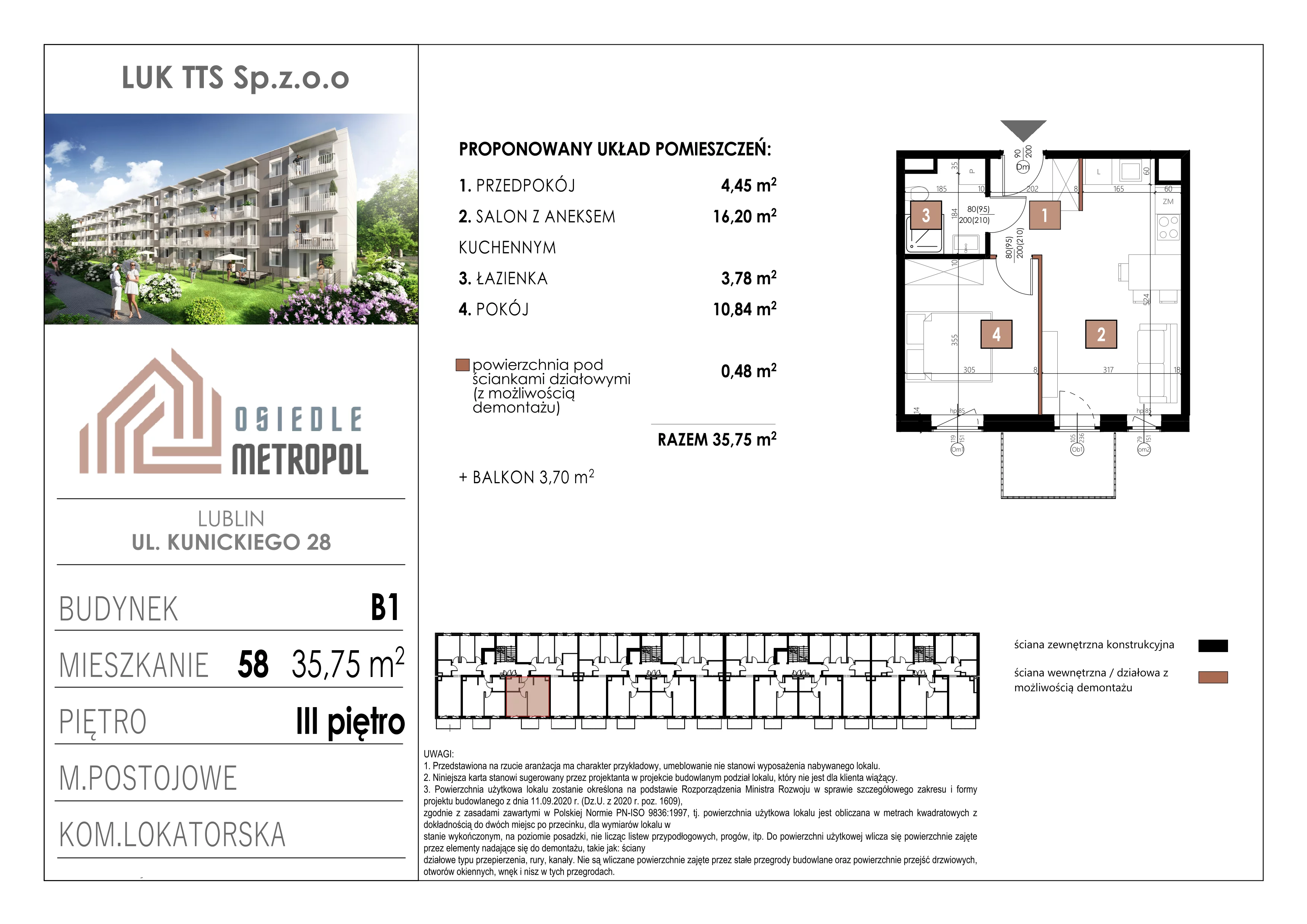 2 pokoje, mieszkanie 35,75 m², piętro 3, oferta nr 58, Osiedle Metropol, Lublin, Dziesiąta, ul. Kunickiego 28