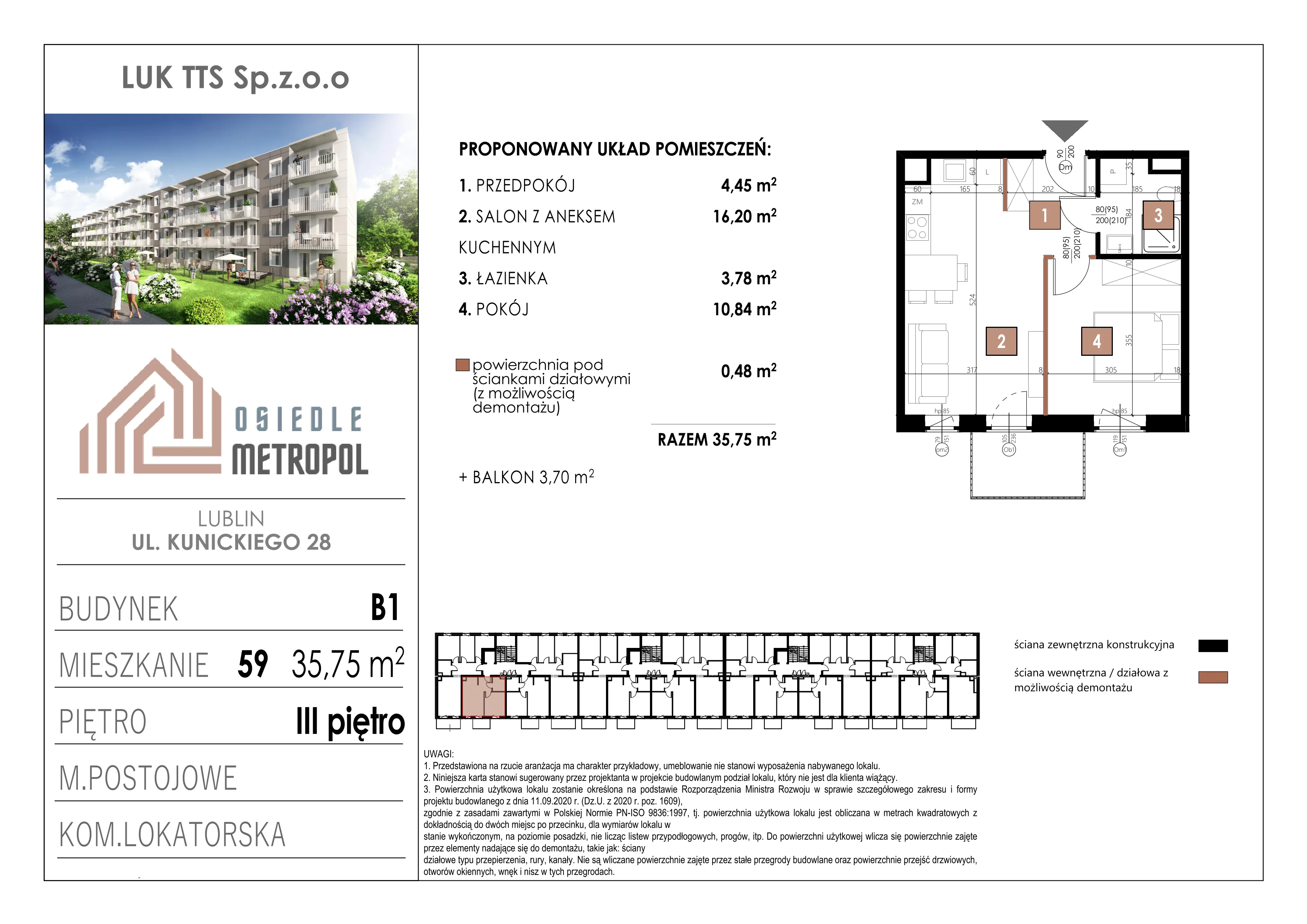 2 pokoje, mieszkanie 35,75 m², piętro 3, oferta nr 59, Osiedle Metropol, Lublin, Dziesiąta, ul. Kunickiego 28