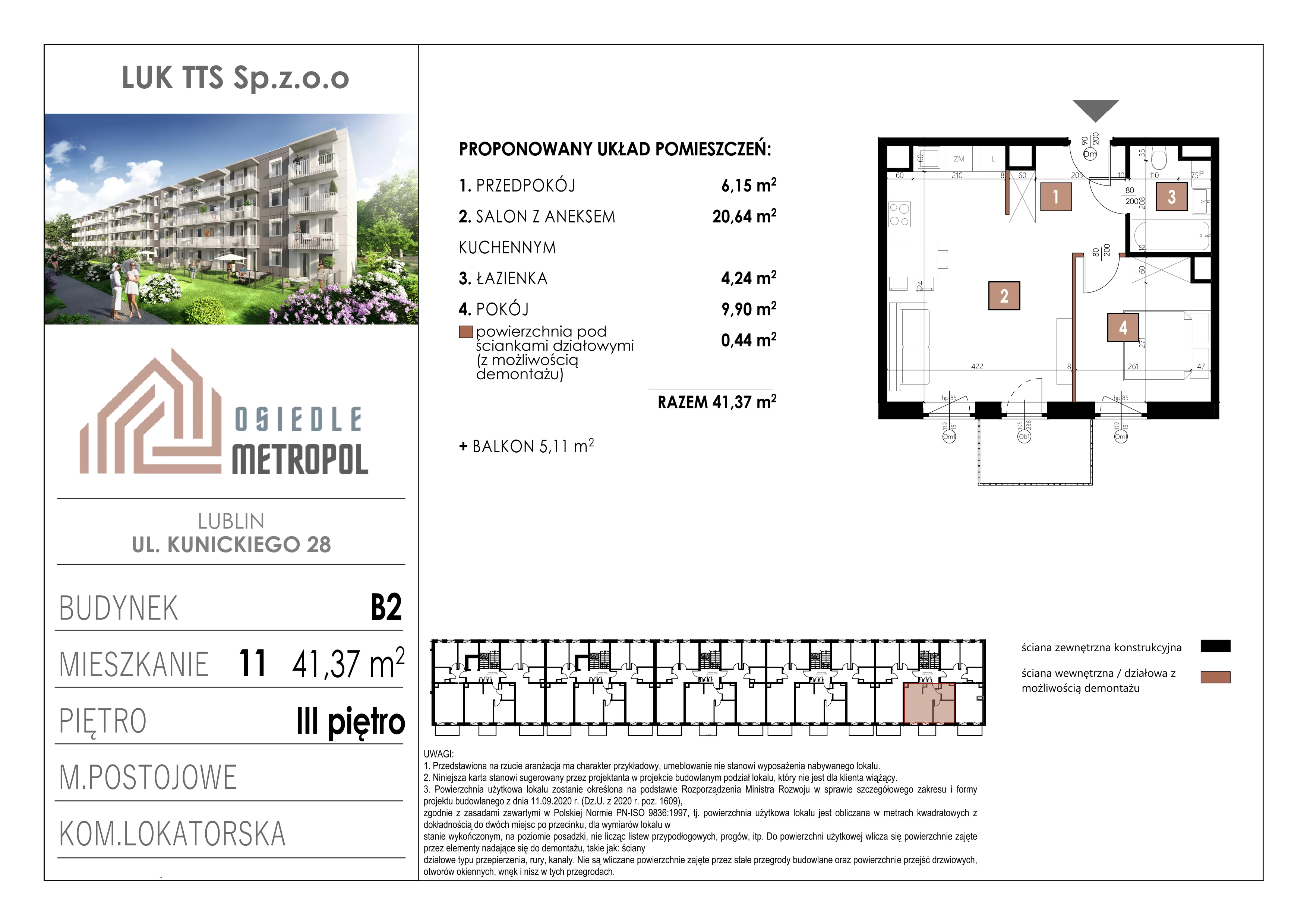 2 pokoje, mieszkanie 41,37 m², piętro 3, oferta nr 11, Osiedle Metropol, Lublin, Dziesiąta, ul. Kunickiego 28