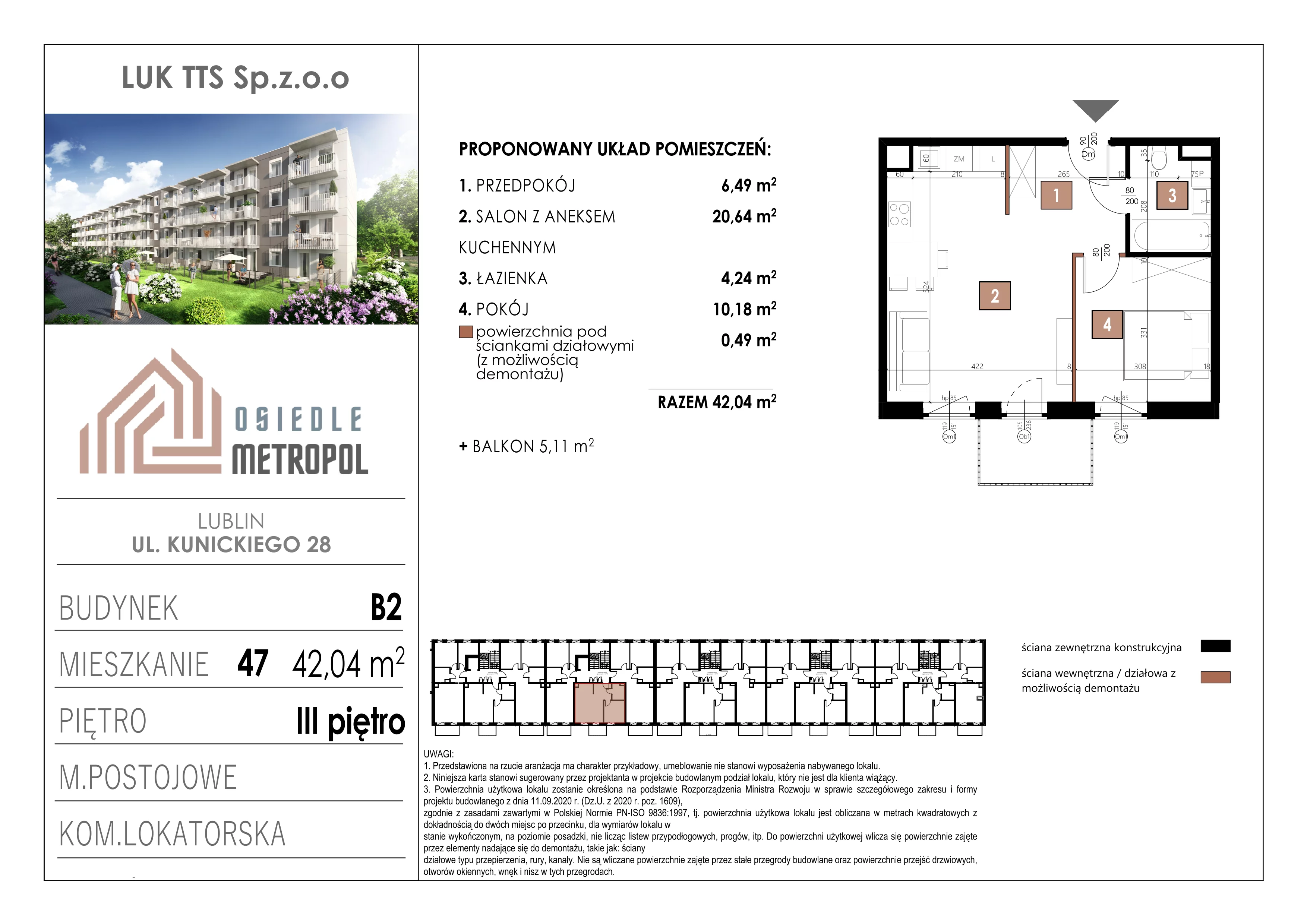 2 pokoje, mieszkanie 42,04 m², piętro 3, oferta nr 47, Osiedle Metropol, Lublin, Dziesiąta, ul. Kunickiego 28
