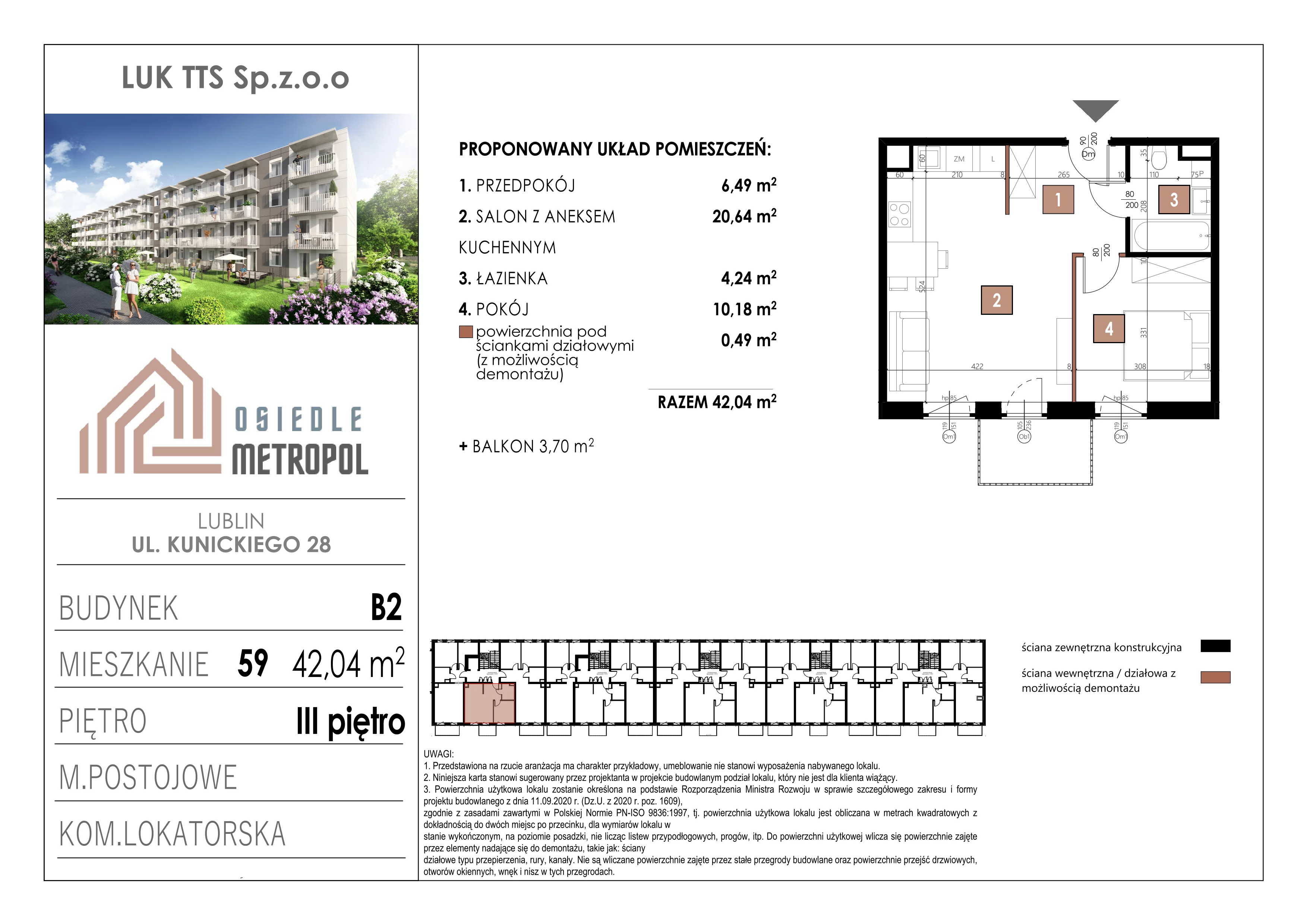 2 pokoje, mieszkanie 42,04 m², piętro 3, oferta nr 59, Osiedle Metropol, Lublin, Dziesiąta, ul. Kunickiego 28