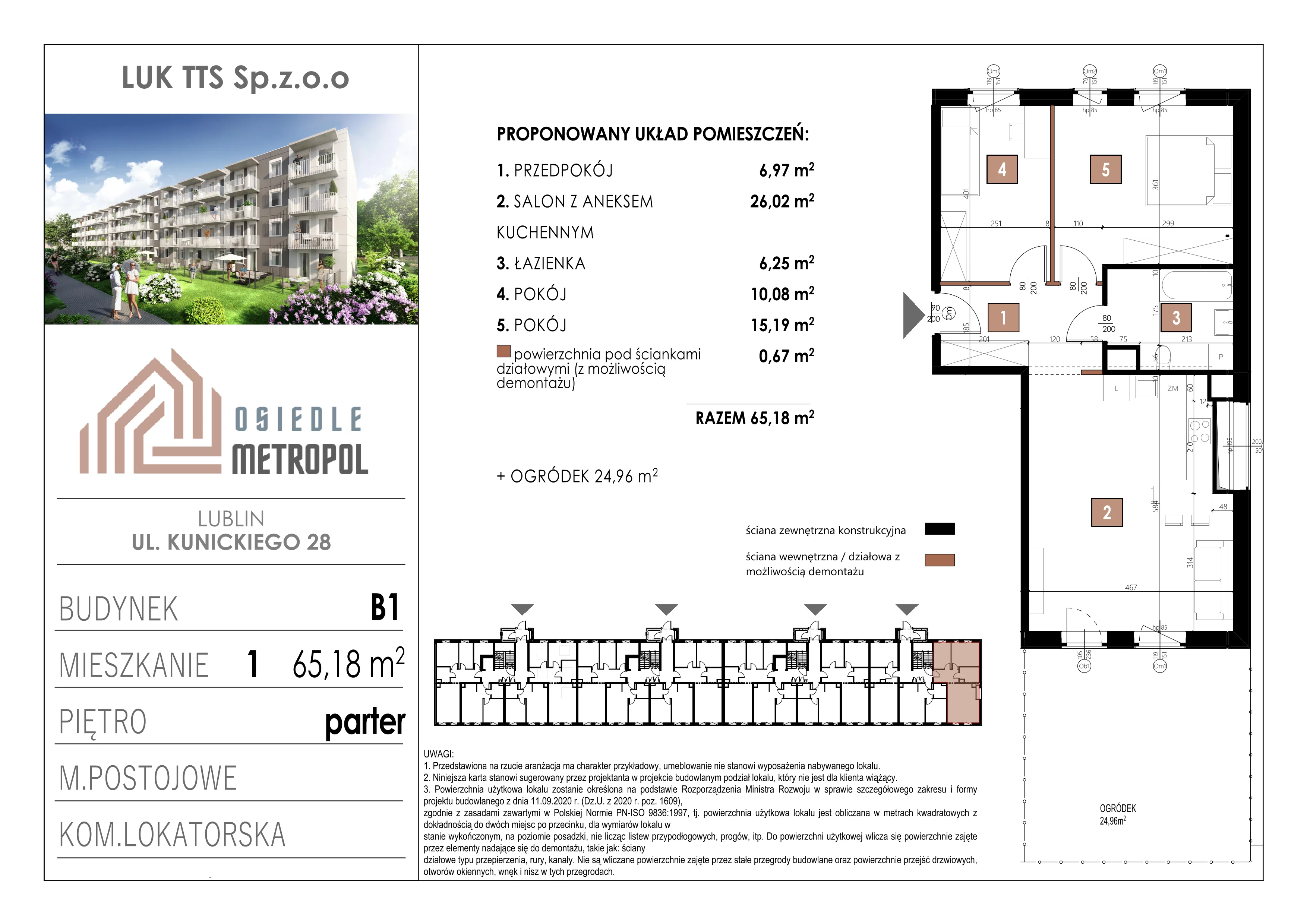 3 pokoje, mieszkanie 65,18 m², parter, oferta nr 1, Osiedle Metropol, Lublin, Dziesiąta, ul. Kunickiego 28