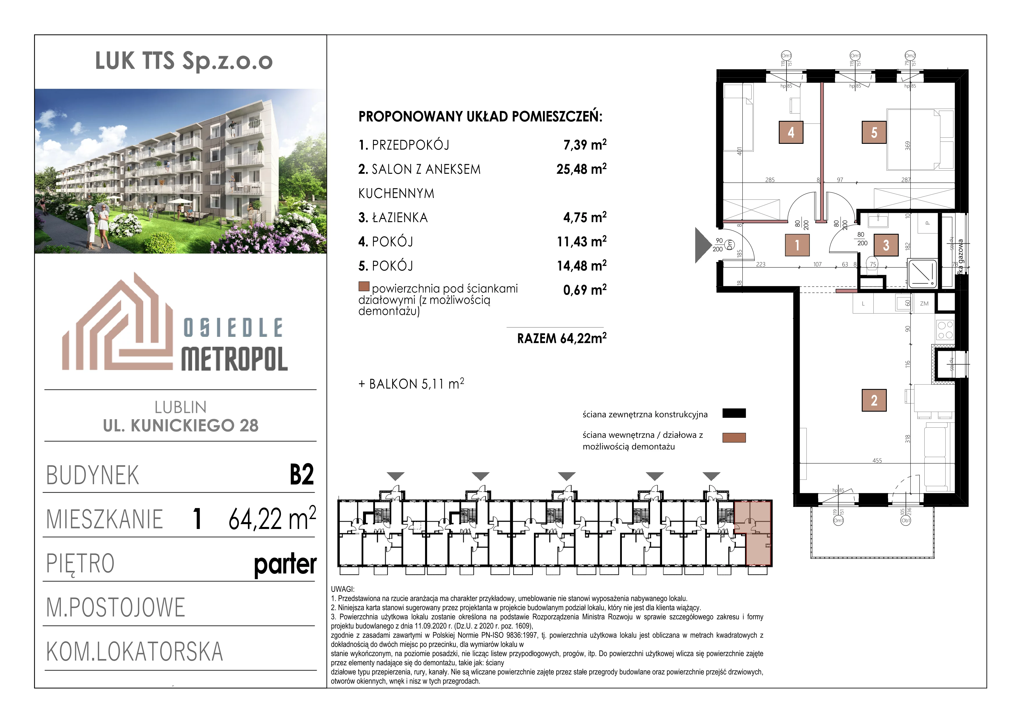 3 pokoje, mieszkanie 64,22 m², parter, oferta nr 1, Osiedle Metropol, Lublin, Dziesiąta, ul. Kunickiego 28