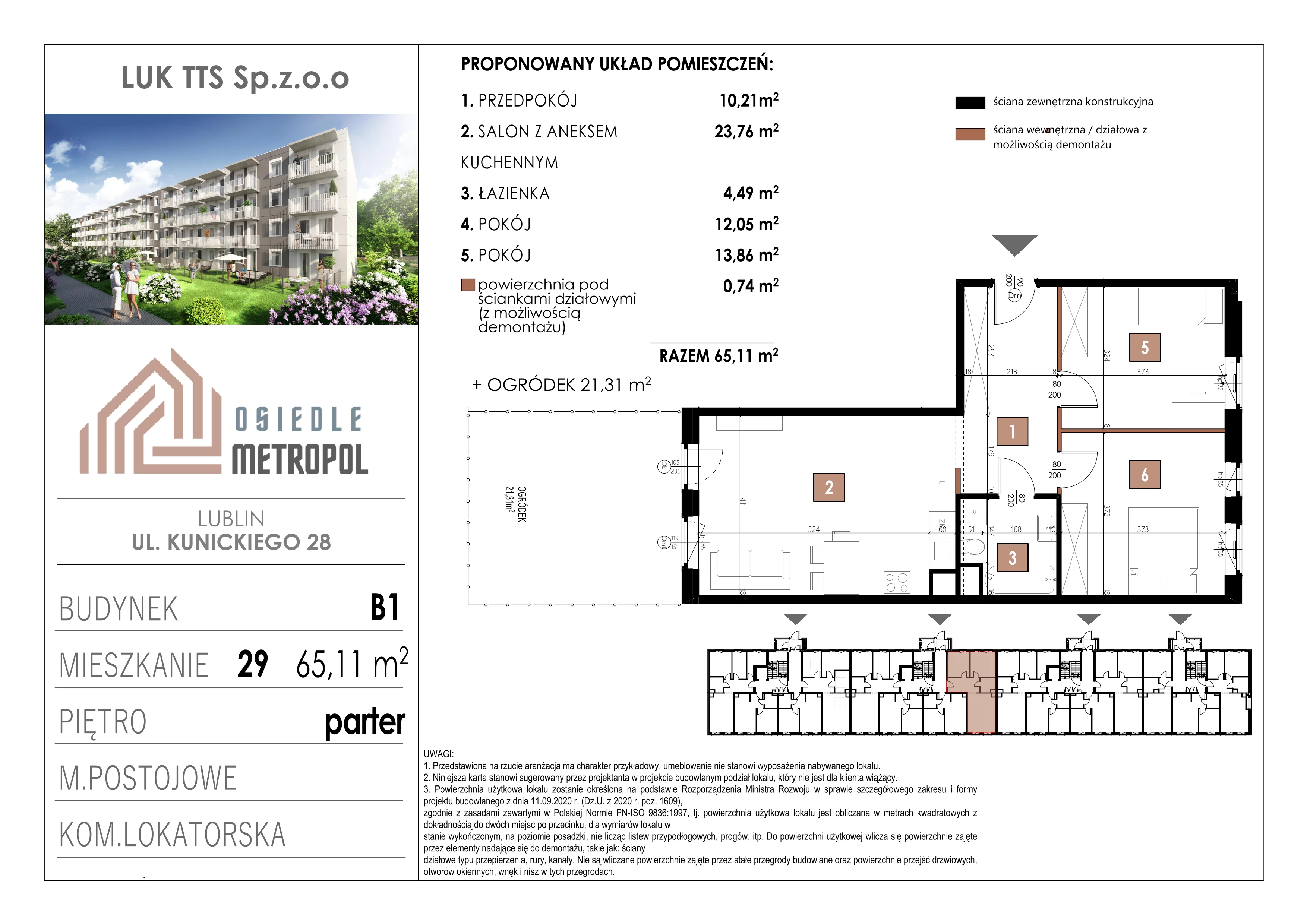 3 pokoje, mieszkanie 65,11 m², parter, oferta nr 29, Osiedle Metropol, Lublin, Dziesiąta, ul. Kunickiego 28