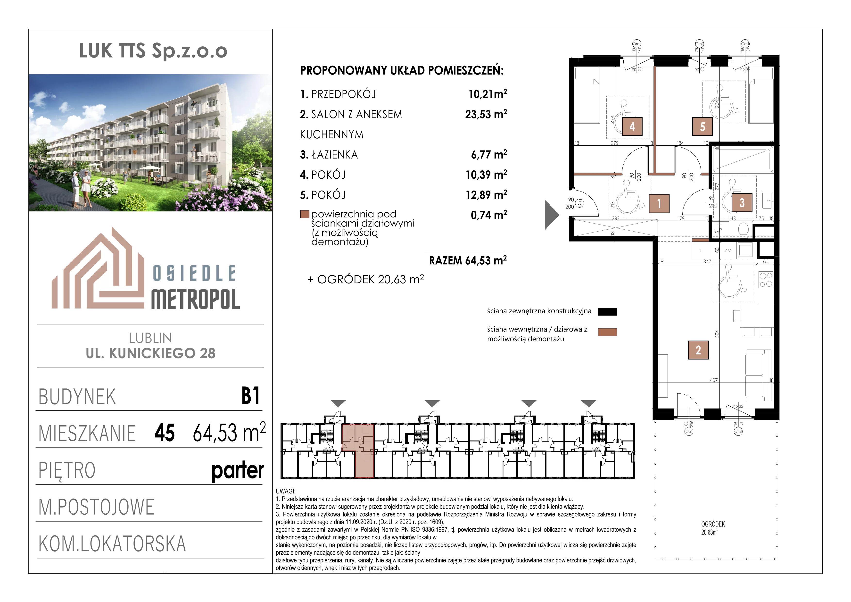 3 pokoje, mieszkanie 64,53 m², parter, oferta nr 45, Osiedle Metropol, Lublin, Dziesiąta, ul. Kunickiego 28