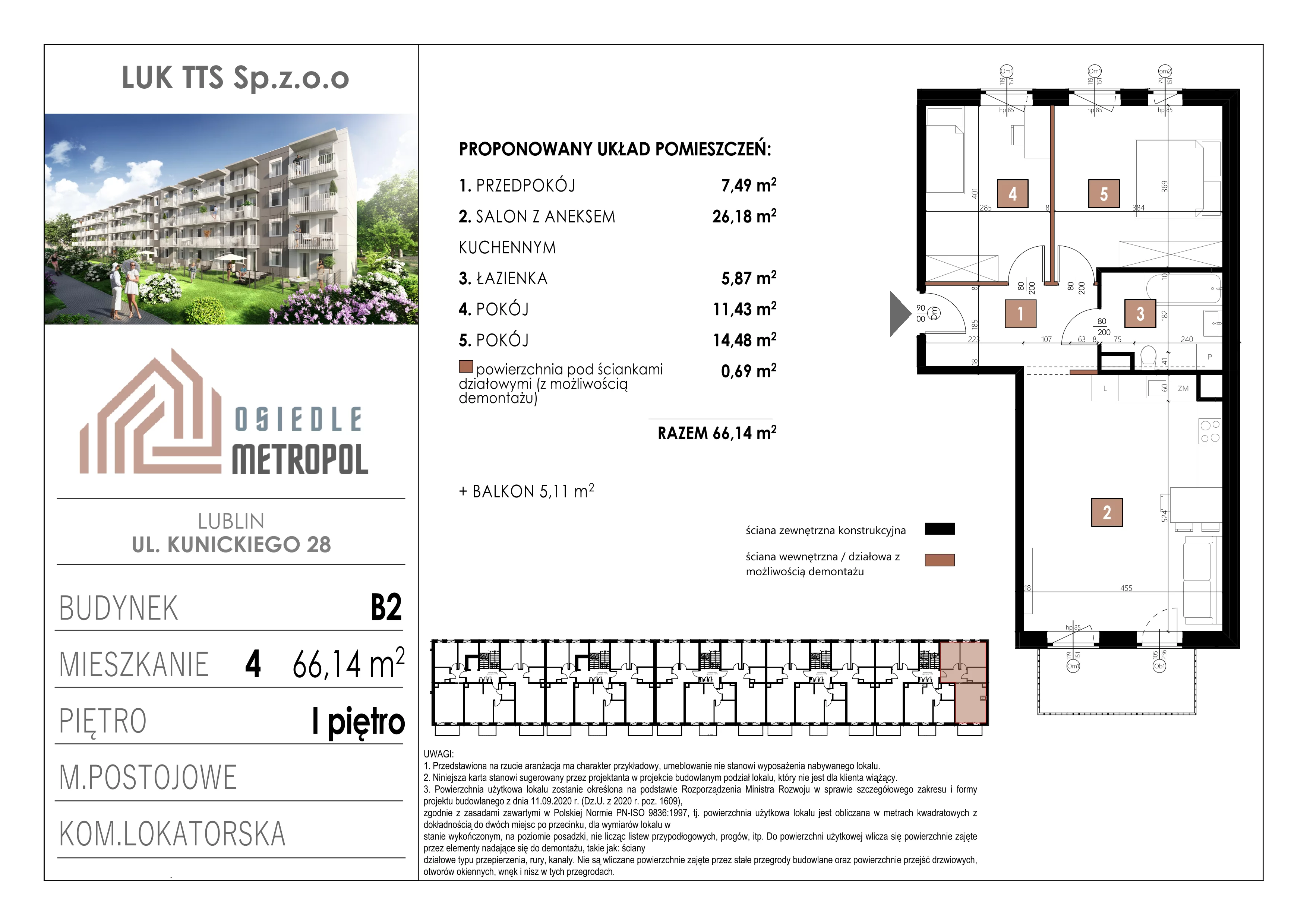 3 pokoje, mieszkanie 66,14 m², piętro 1, oferta nr 4, Osiedle Metropol, Lublin, Dziesiąta, ul. Kunickiego 28