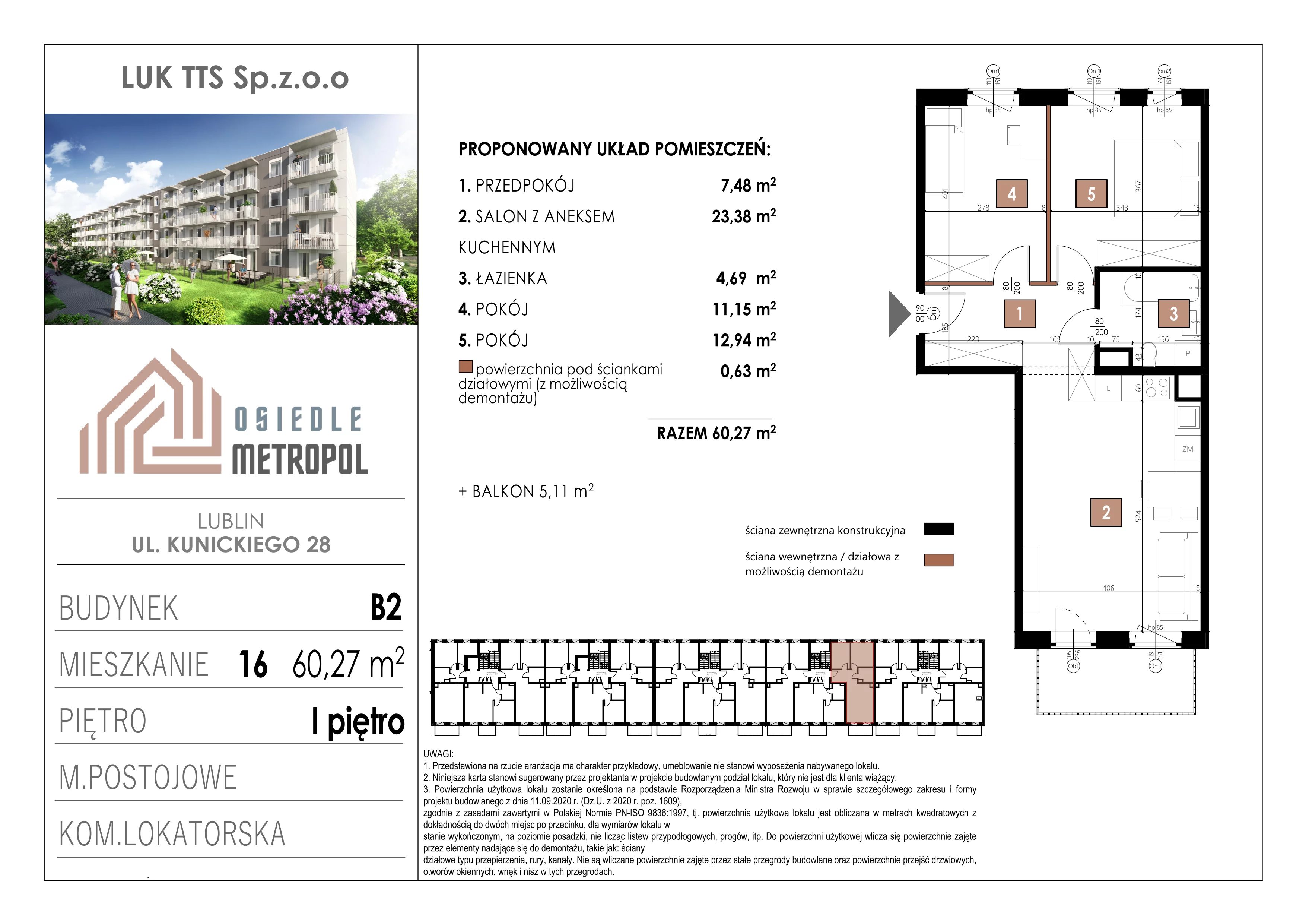 3 pokoje, mieszkanie 60,27 m², piętro 1, oferta nr 16, Osiedle Metropol, Lublin, Dziesiąta, ul. Kunickiego 28