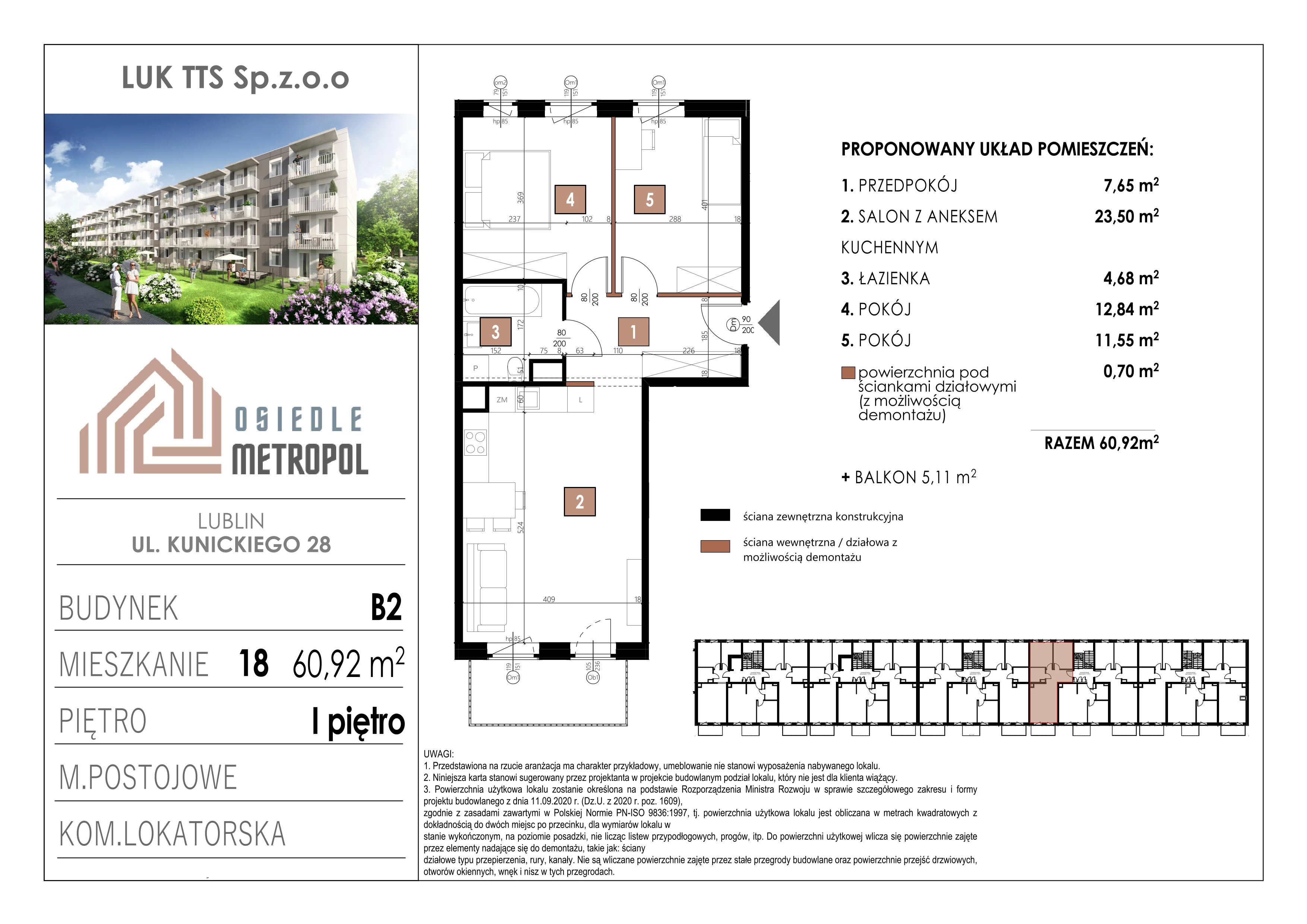 3 pokoje, mieszkanie 60,92 m², piętro 1, oferta nr 18, Osiedle Metropol, Lublin, Dziesiąta, ul. Kunickiego 28