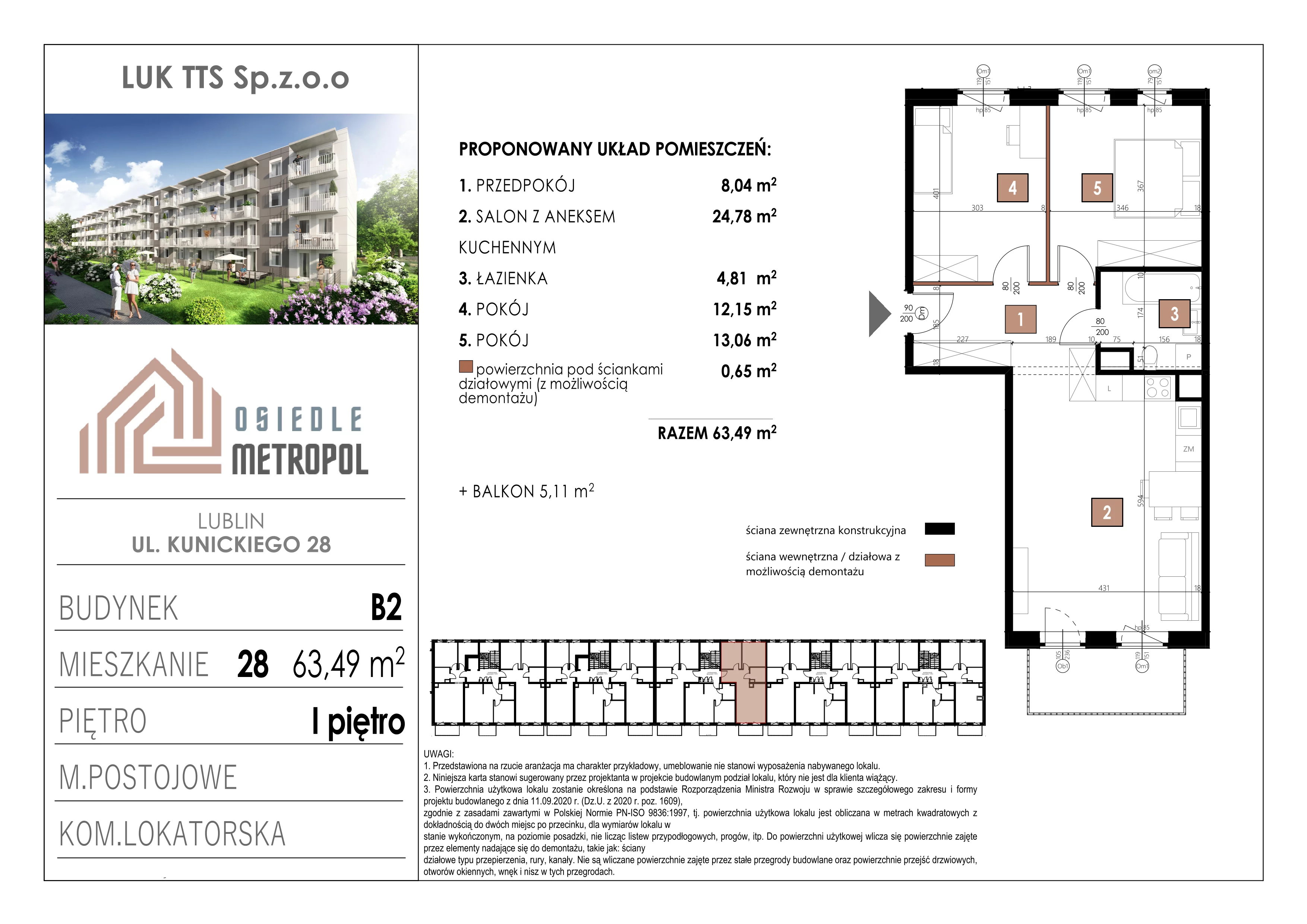 3 pokoje, mieszkanie 63,49 m², piętro 1, oferta nr 28, Osiedle Metropol, Lublin, Dziesiąta, ul. Kunickiego 28