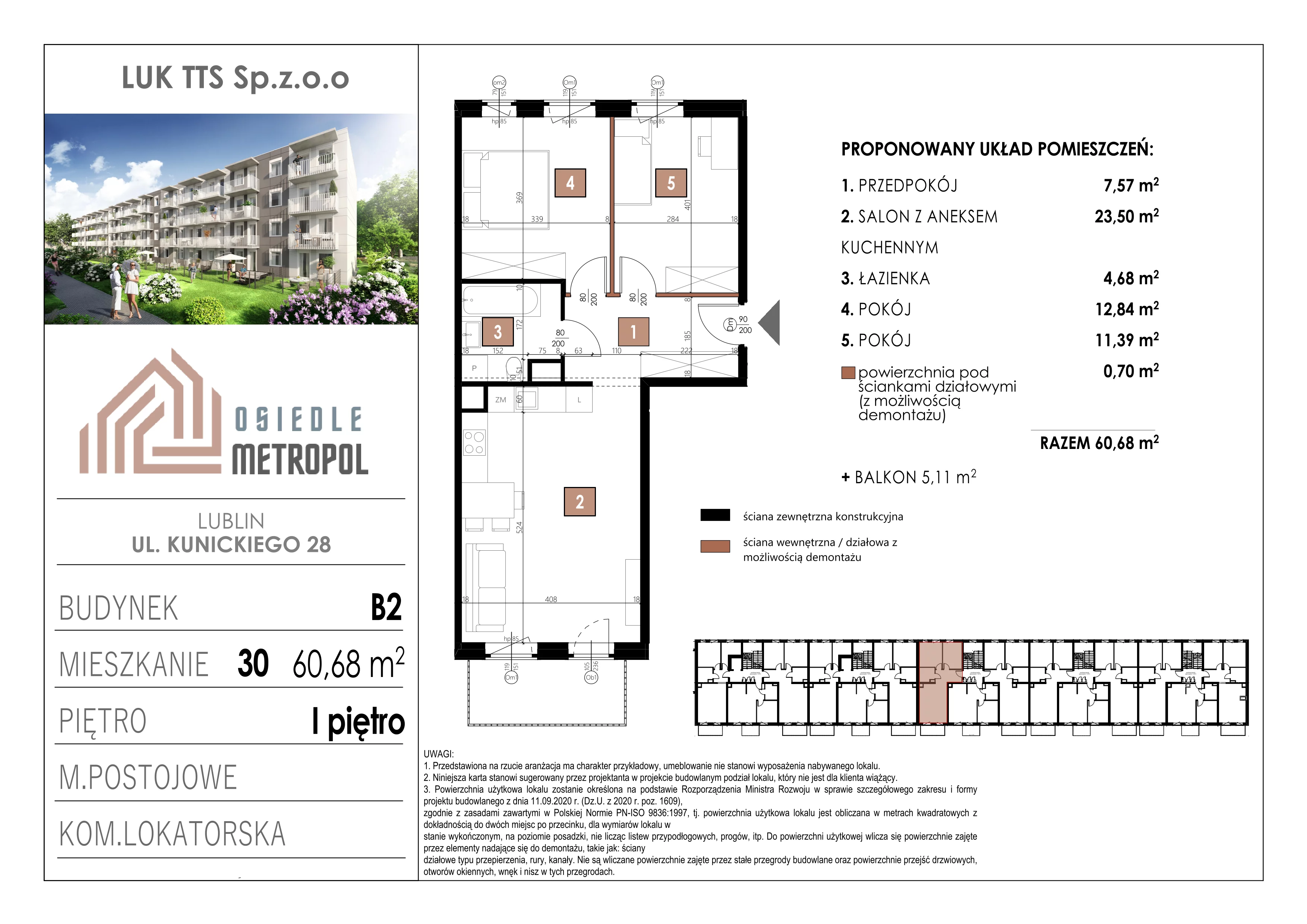 3 pokoje, mieszkanie 60,68 m², piętro 1, oferta nr 30, Osiedle Metropol, Lublin, Dziesiąta, ul. Kunickiego 28