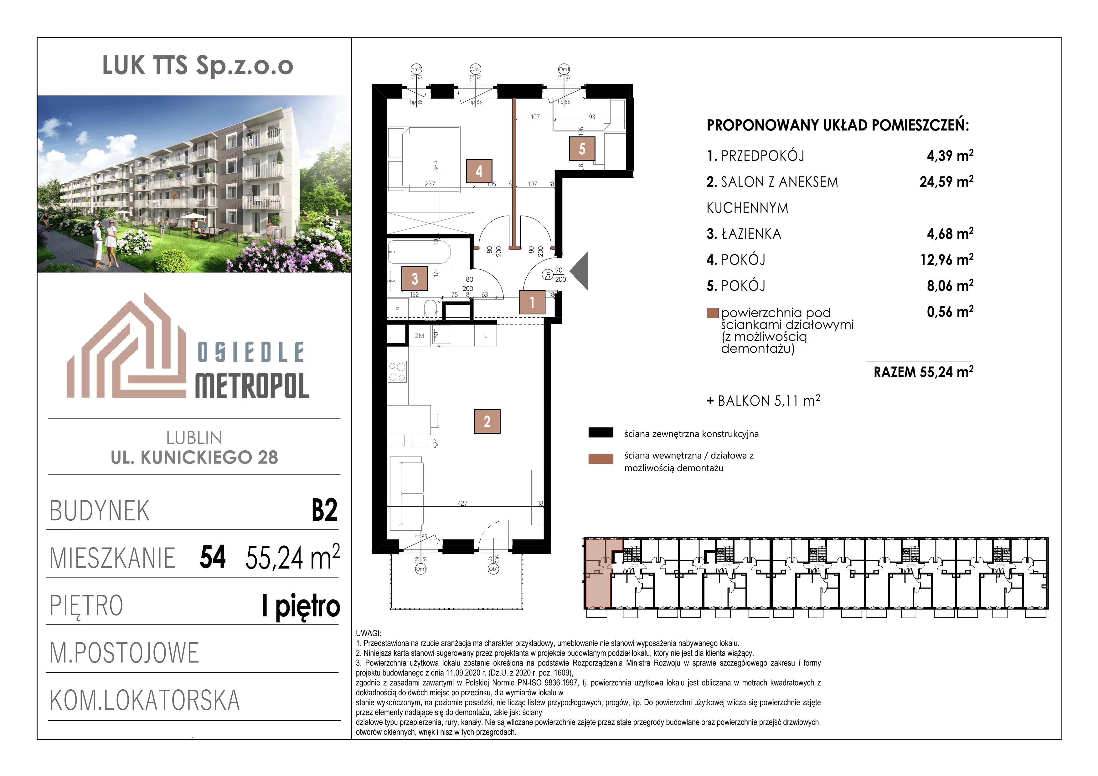 3 pokoje, mieszkanie 55,24 m², piętro 1, oferta nr 54, Osiedle Metropol, Lublin, Dziesiąta, ul. Kunickiego 28