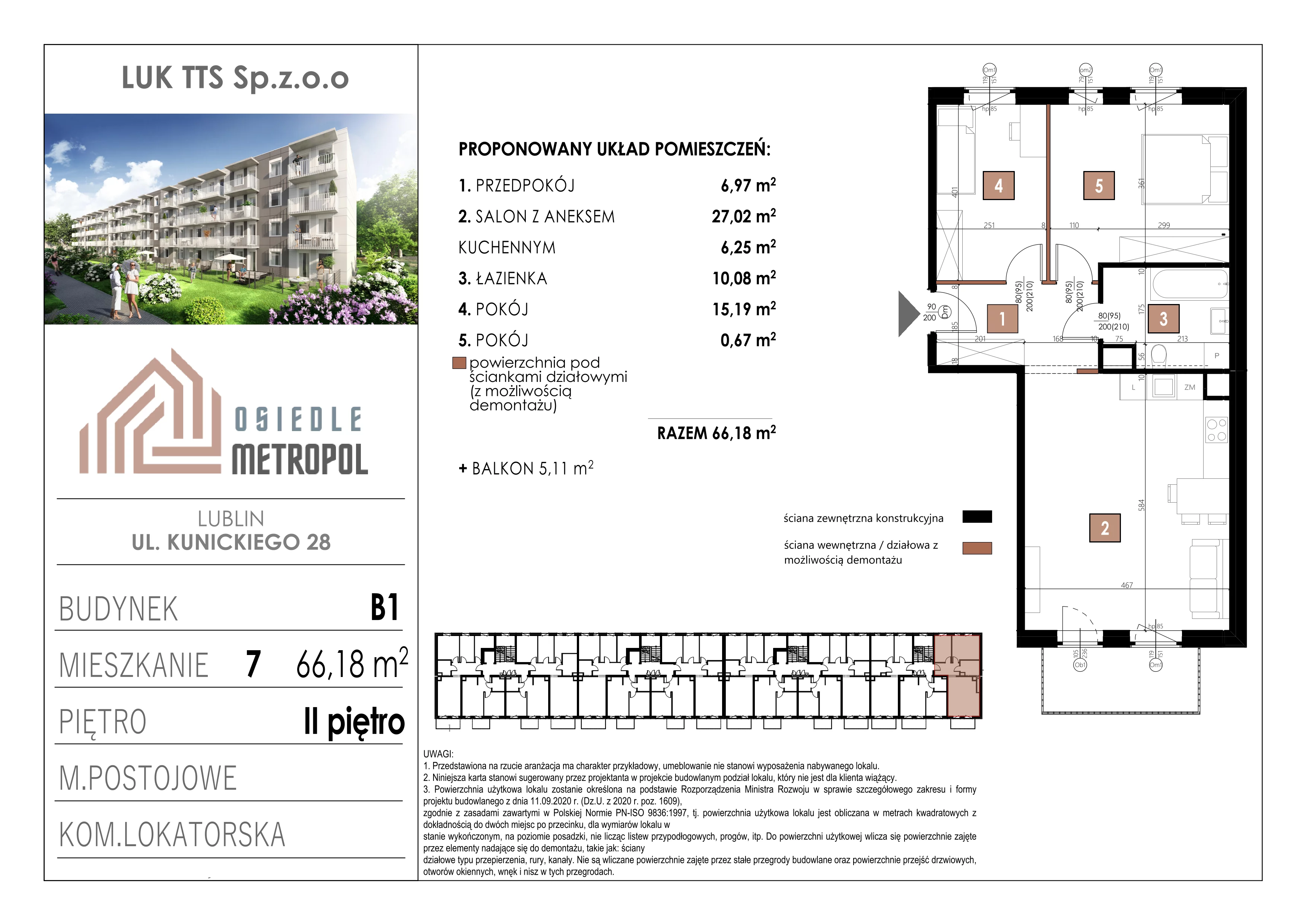 3 pokoje, mieszkanie 66,18 m², piętro 2, oferta nr 7, Osiedle Metropol, Lublin, Dziesiąta, ul. Kunickiego 28