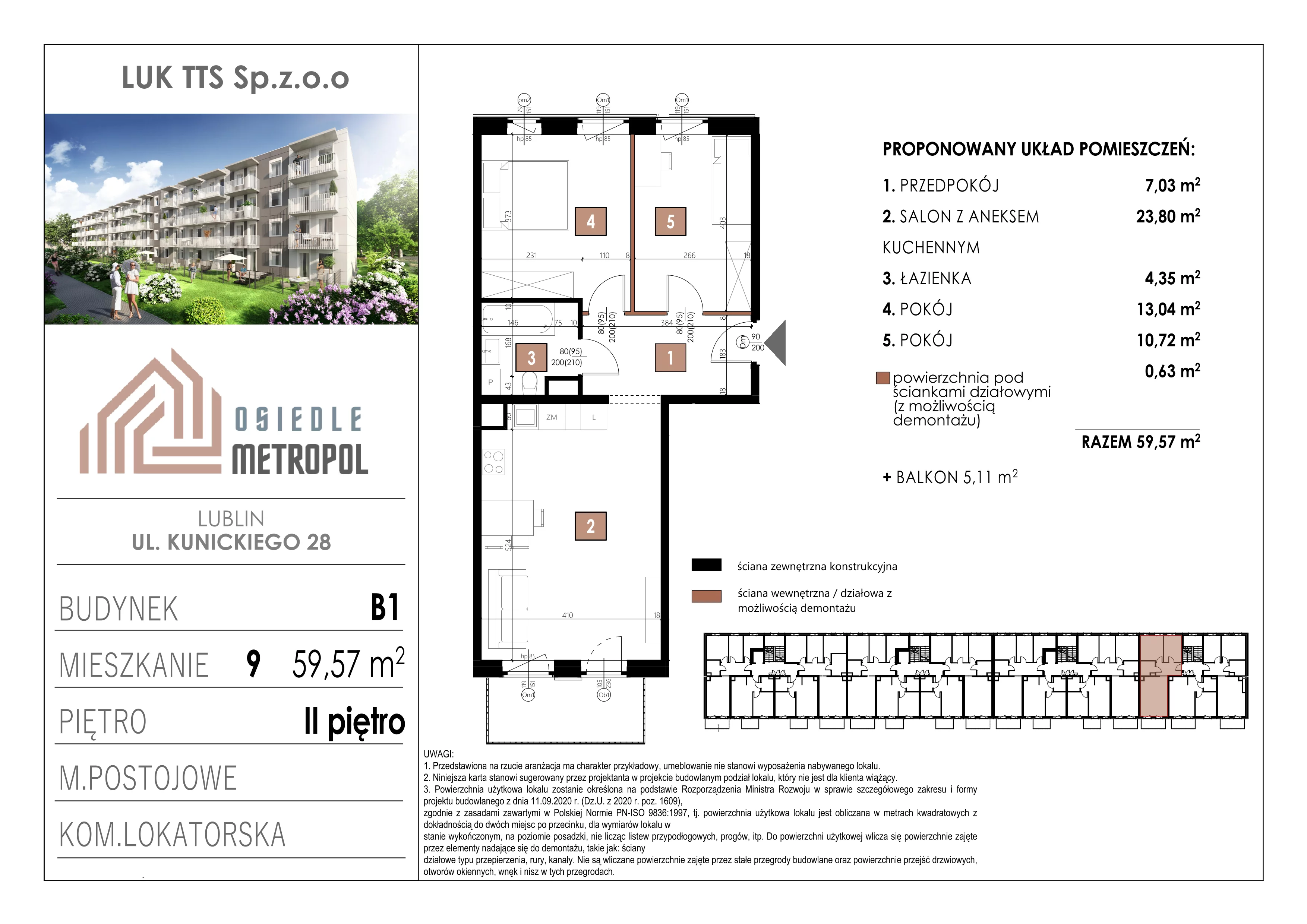 3 pokoje, mieszkanie 59,57 m², piętro 2, oferta nr 9, Osiedle Metropol, Lublin, Dziesiąta, ul. Kunickiego 28