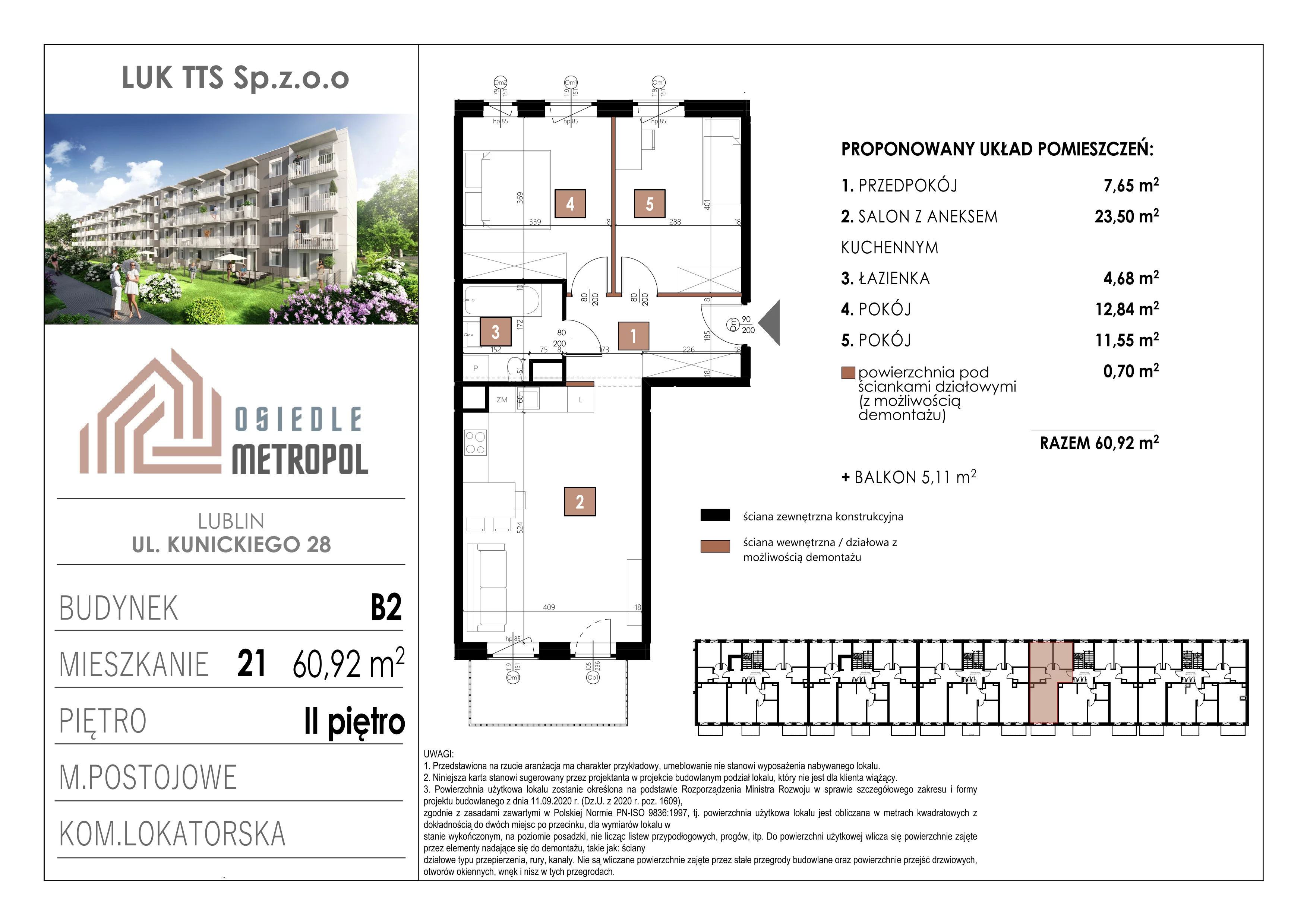 3 pokoje, mieszkanie 60,92 m², piętro 2, oferta nr 21, Osiedle Metropol, Lublin, Dziesiąta, ul. Kunickiego 28