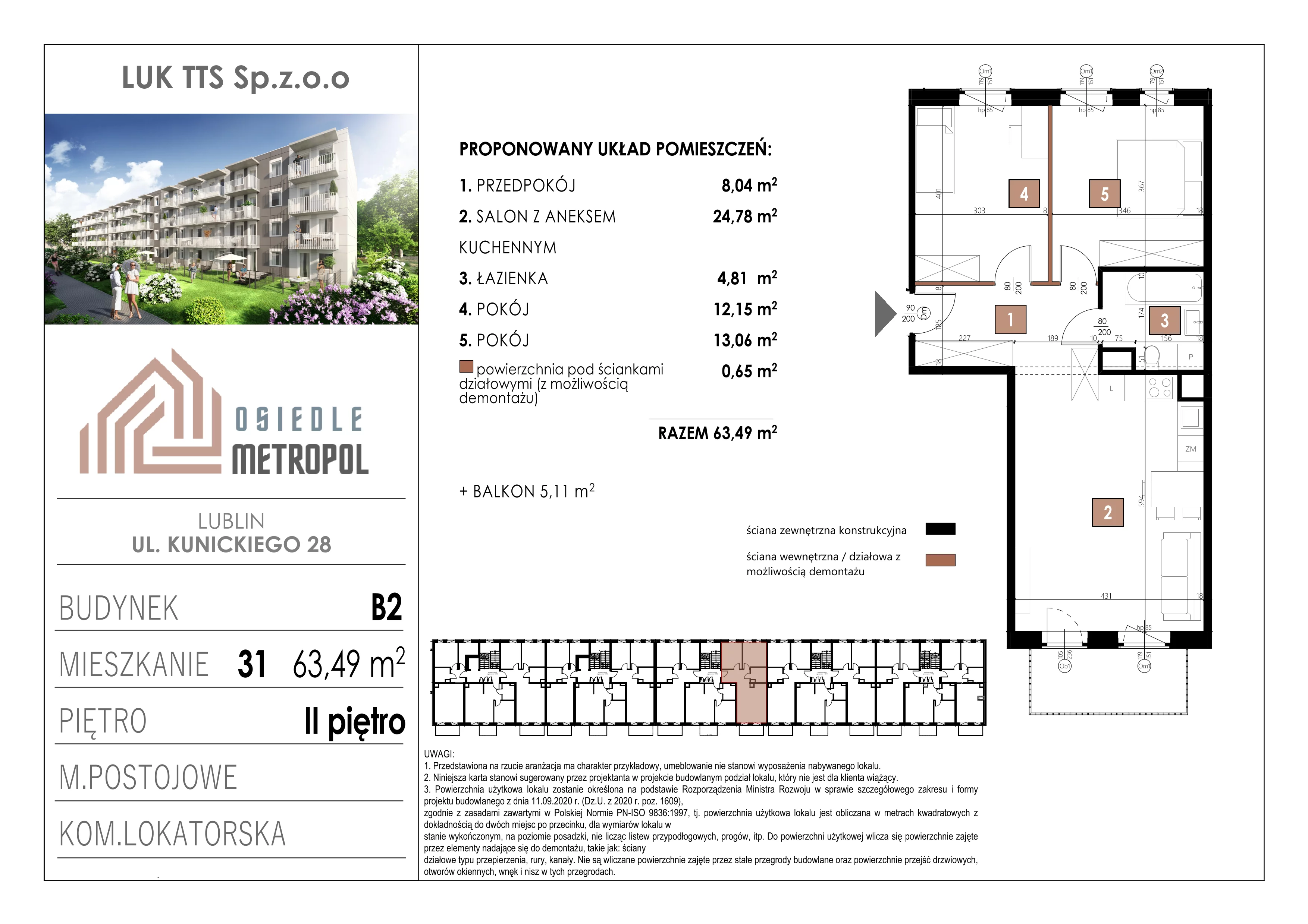 3 pokoje, mieszkanie 63,49 m², piętro 2, oferta nr 31, Osiedle Metropol, Lublin, Dziesiąta, ul. Kunickiego 28