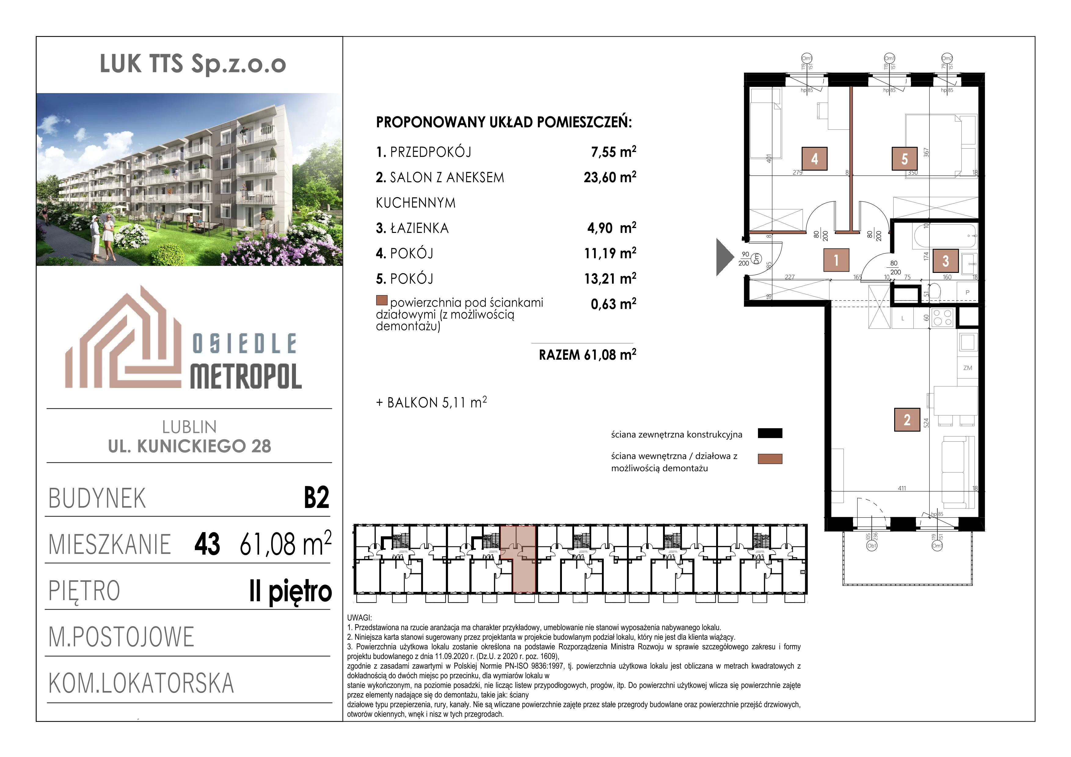 3 pokoje, mieszkanie 61,08 m², piętro 2, oferta nr 43, Osiedle Metropol, Lublin, Dziesiąta, ul. Kunickiego 28