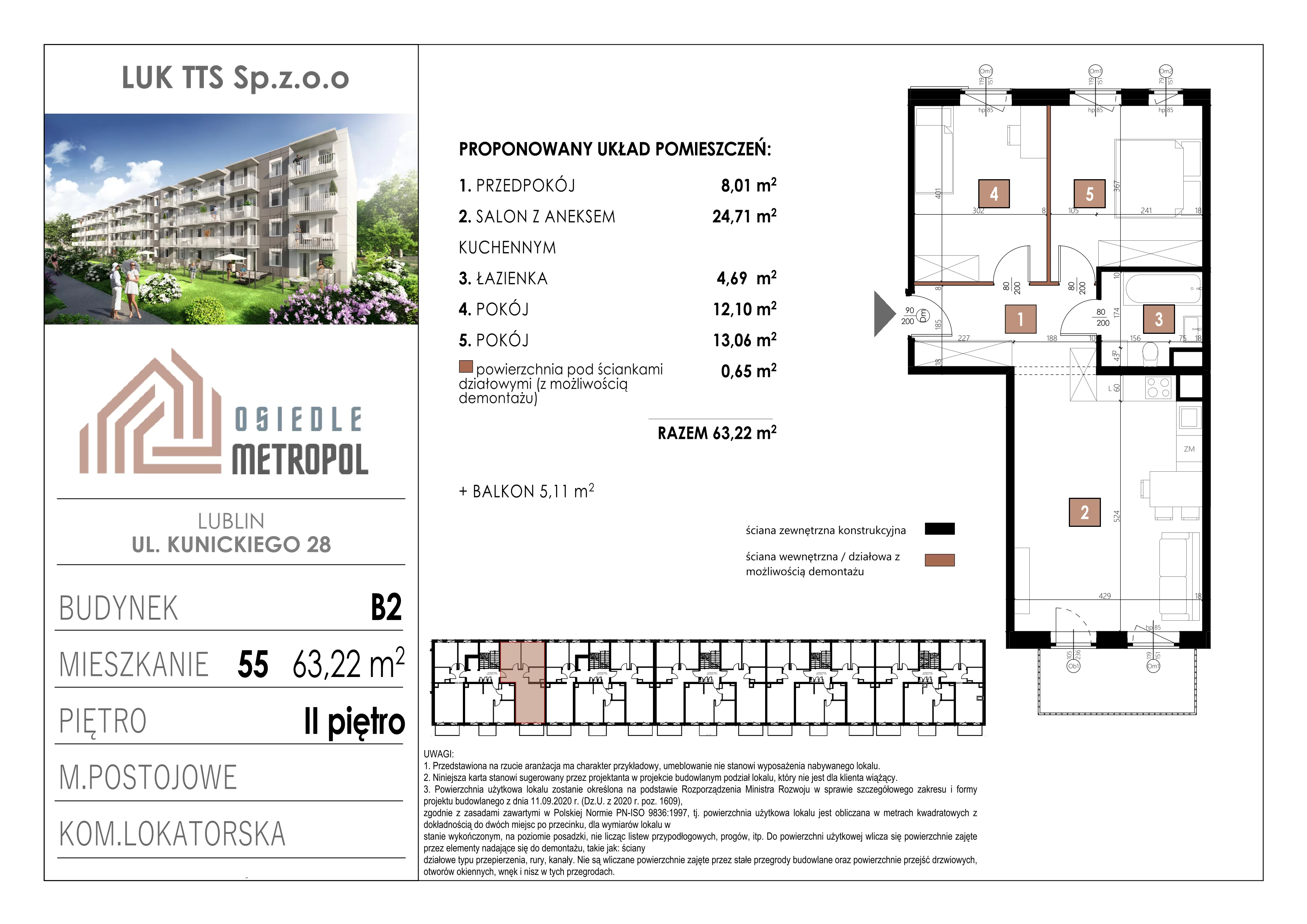 3 pokoje, mieszkanie 63,22 m², piętro 2, oferta nr 55, Osiedle Metropol, Lublin, Dziesiąta, ul. Kunickiego 28